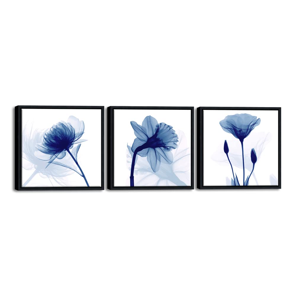 Wieco Art Blue Abstract Flowers 3 Panels Giclee Canvas Prints Wall Art Modern Pictures Artwork for Living Room Bedroom and Home Decorations