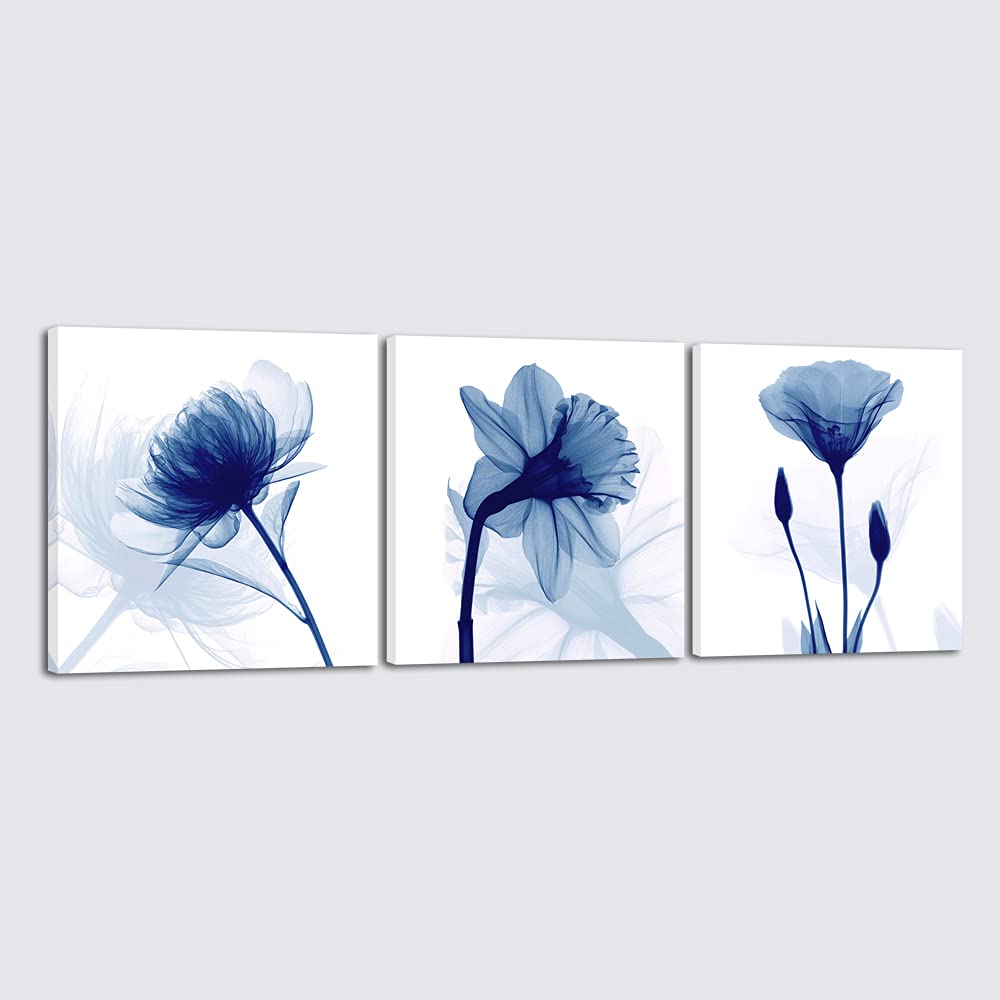 Wieco Art Blue Abstract Flowers 3 Panels Giclee Canvas Prints Wall Art Modern Pictures Artwork for Living Room Bedroom and Home Decorations