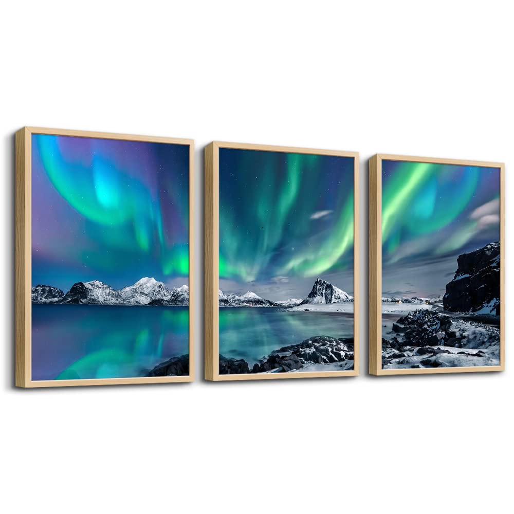 MHARTK66 Wall Art for Bedroom Wall Decor for Living Room Office Decor Abstract Mountain Aurora Landscape Painting 3 Piece Scenic Framed Canvas Art Prints Ready to Hang Kitchen Wall Pictures Home Decor