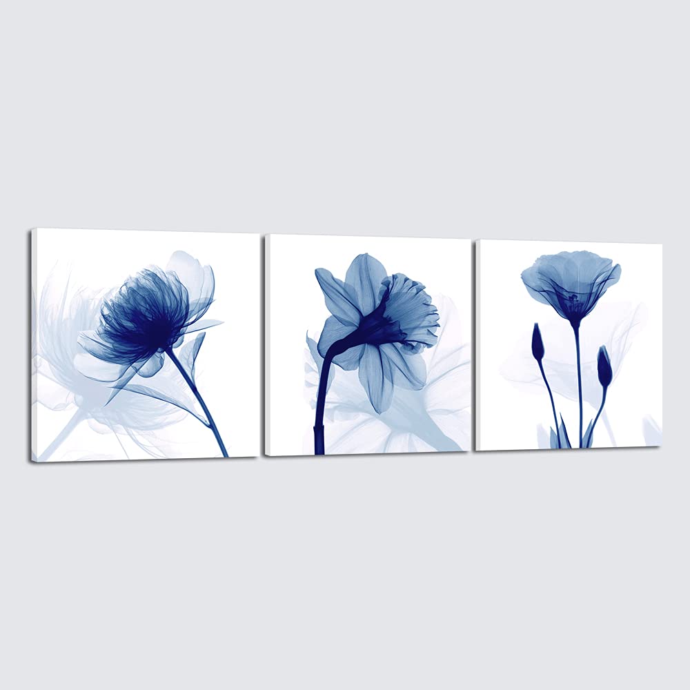 Wieco Art Blue Abstract Flowers 3 Panels Giclee Canvas Prints Wall Art Modern Pictures Artwork for Living Room Bedroom and Home Decorations