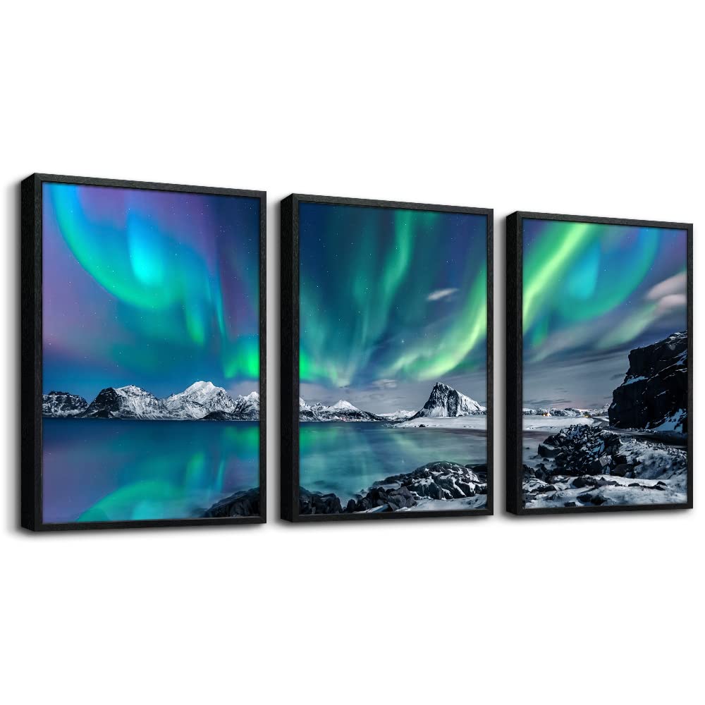 MHARTK66 Wall Art for Bedroom Wall Decor for Living Room Office Decor Abstract Mountain Aurora Landscape Painting 3 Piece Scenic Framed Canvas Art Prints Ready to Hang Kitchen Wall Pictures Home Decor