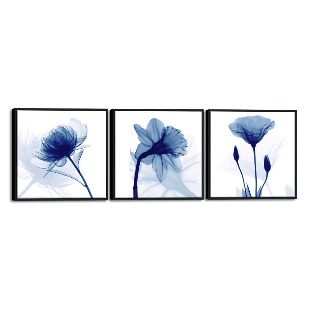 Wieco Art Blue Abstract Flowers 3 Panels Giclee Canvas Prints Wall Art Modern Pictures Artwork for Living Room Bedroom and Home Decorations