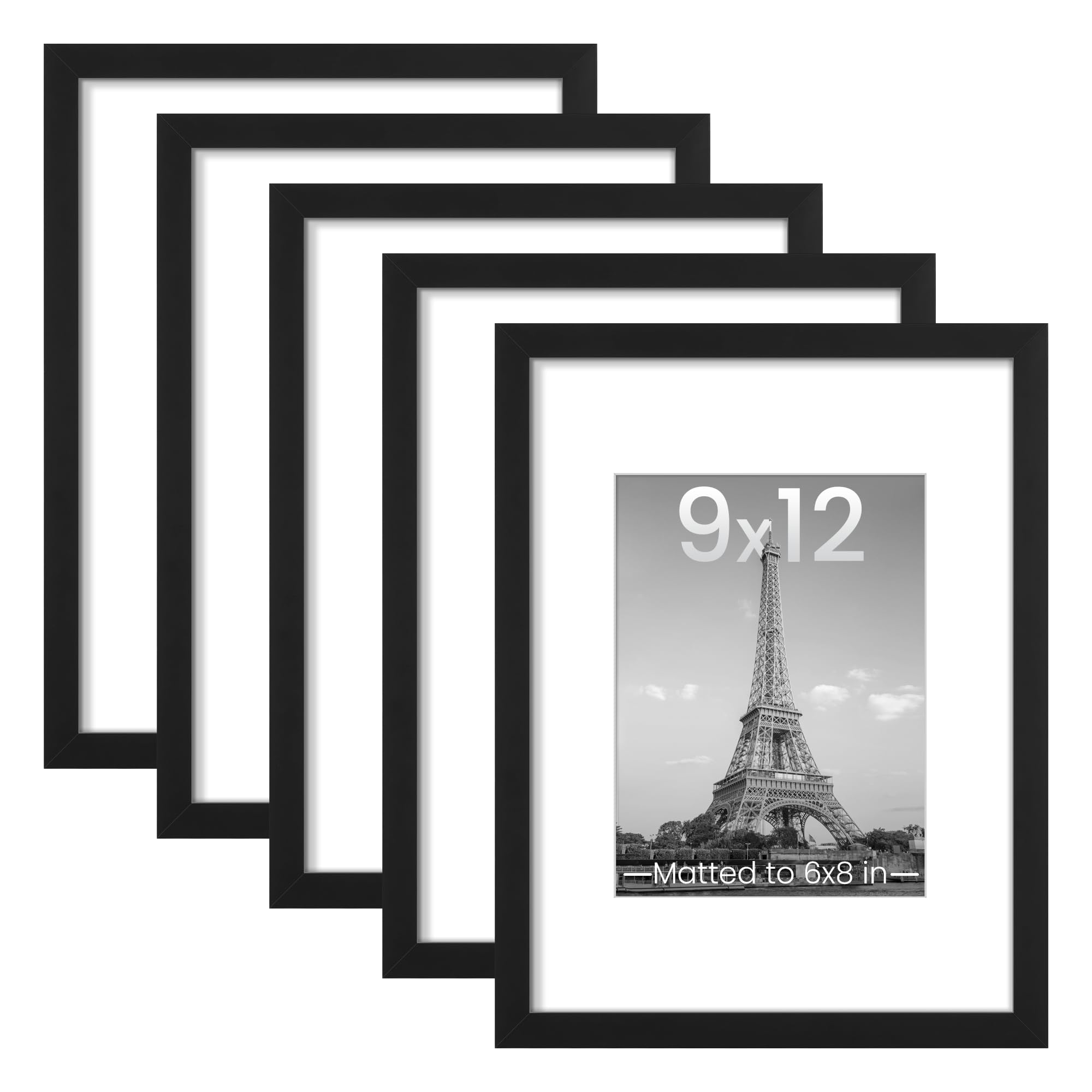 upsimples 8.5x11 Picture Frame Set of 5, Display Pictures 6x8 with Mat or 8.5 by 11 Without, Wall Gallery Photo Frames, Black