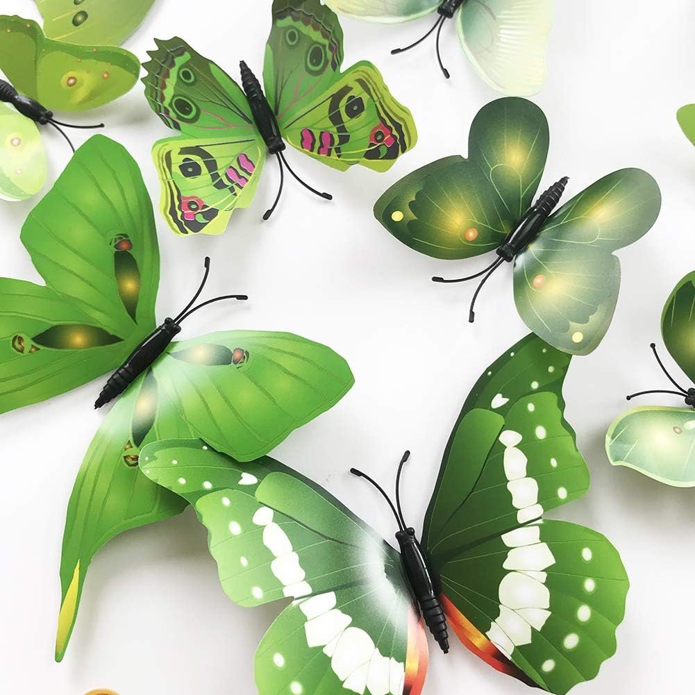 36pcs 3D Colorful Butterfly Wall Stickers DIY Art Decor Crafts for Party Nursery Classroom Offices Kids Girl Boy Baby Bedroom Bathroom Living Room Magnets and Glue Sticker Set1(Green-Single Wing)