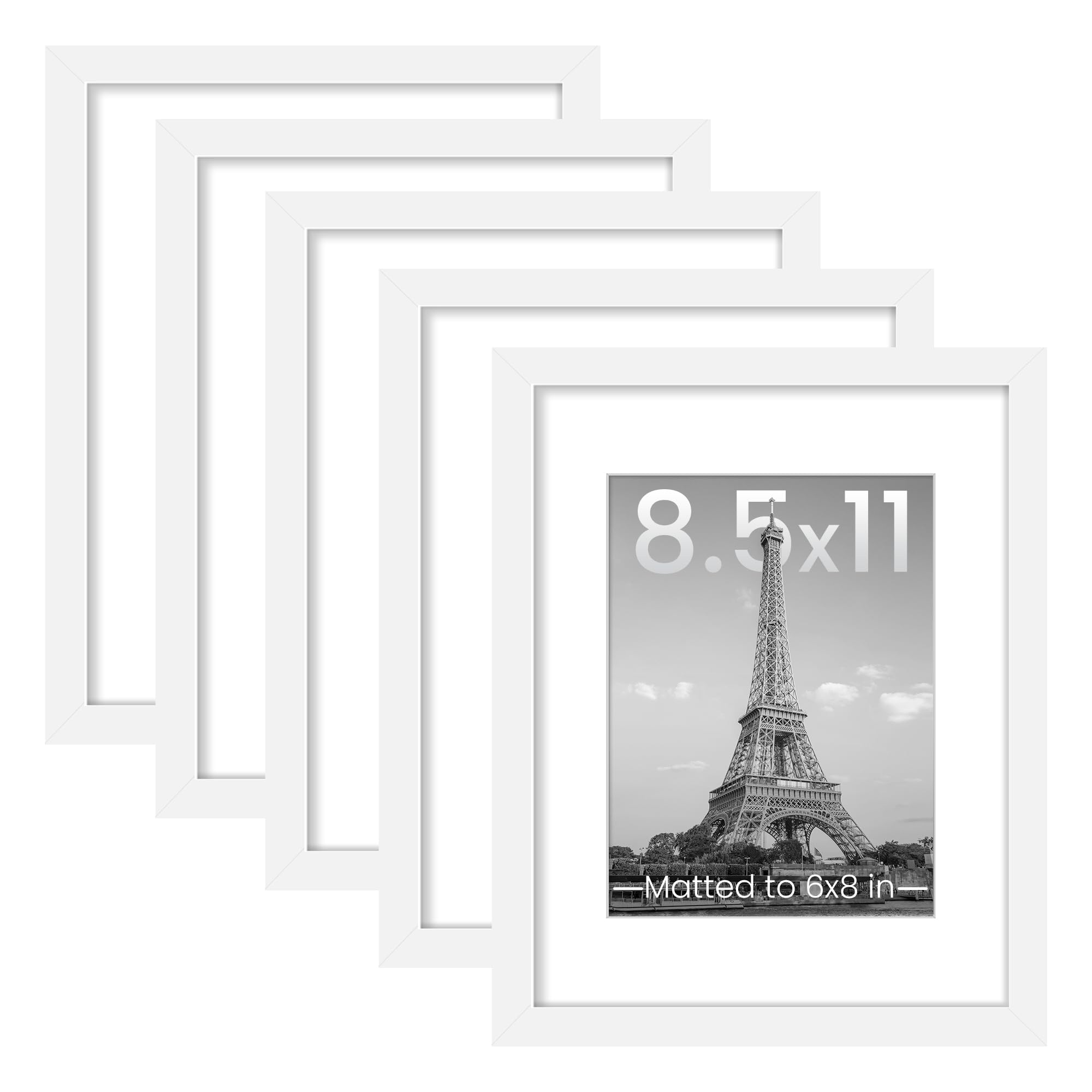 upsimples 8.5x11 Picture Frame Set of 5, Display Pictures 6x8 with Mat or 8.5 by 11 Without, Wall Gallery Photo Frames, Black
