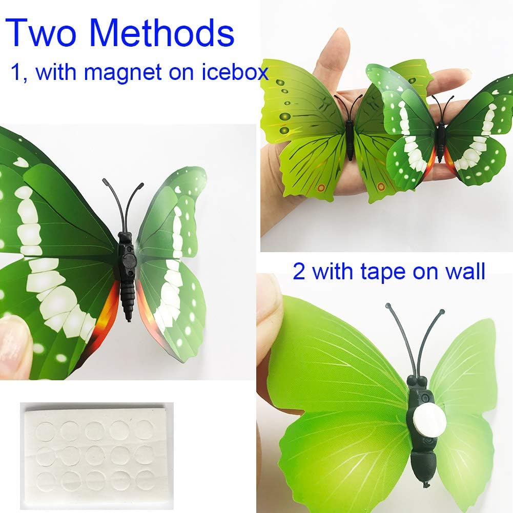 36pcs 3D Colorful Butterfly Wall Stickers DIY Art Decor Crafts for Party Nursery Classroom Offices Kids Girl Boy Baby Bedroom Bathroom Living Room Magnets and Glue Sticker Set1(Green-Single Wing)