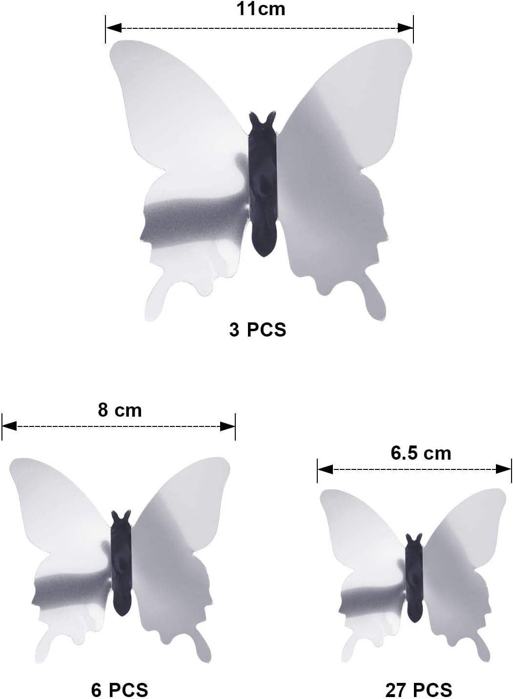 BBTO 48 Pieces Butterfly Wall Decor DIY 3D Mirror Butterfly Stickers Removable Decals Crafts for Birthday Party Bedroom School Bathroom Living Room Decor（Sliver）