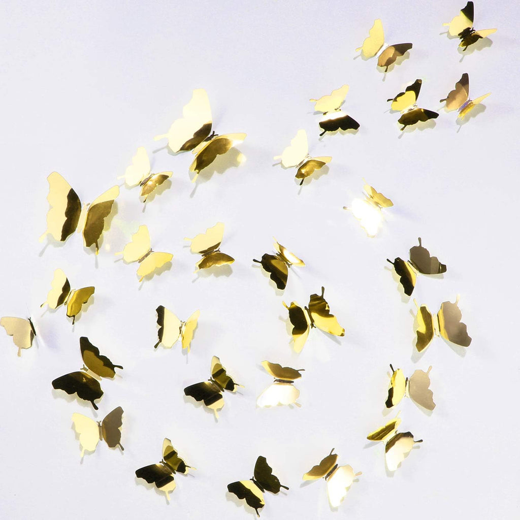 BBTO 48 Pieces Butterfly Wall Decor DIY 3D Mirror Butterfly Stickers Removable Decals Crafts for Birthday Party Bedroom School Bathroom Living Room Decor（Sliver）