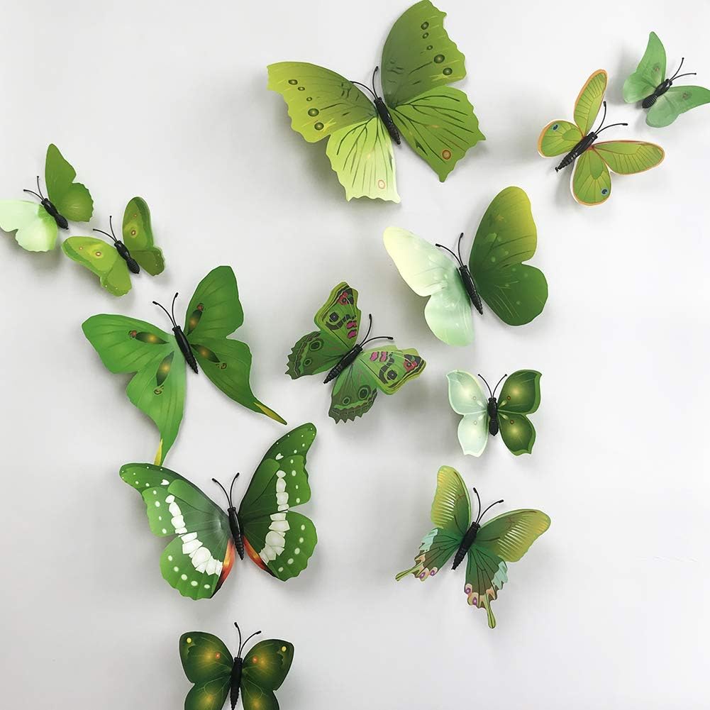 36pcs 3D Colorful Butterfly Wall Stickers DIY Art Decor Crafts for Party Nursery Classroom Offices Kids Girl Boy Baby Bedroom Bathroom Living Room Magnets and Glue Sticker Set1(Green-Single Wing)