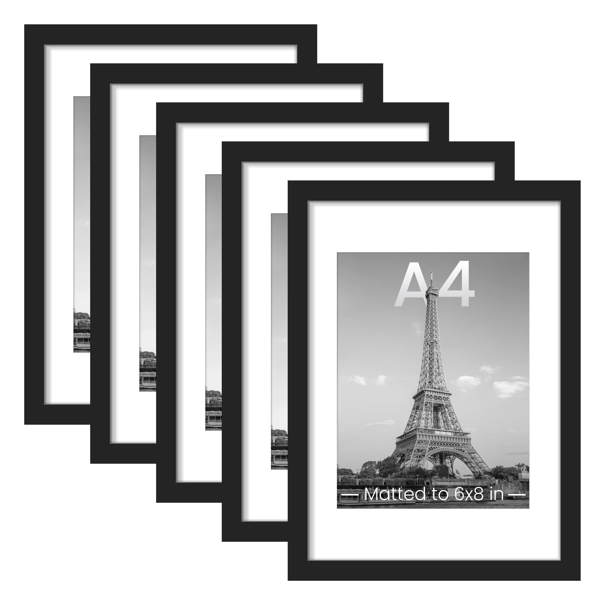 upsimples 8.5x11 Picture Frame Set of 5, Display Pictures 6x8 with Mat or 8.5 by 11 Without, Wall Gallery Photo Frames, Black