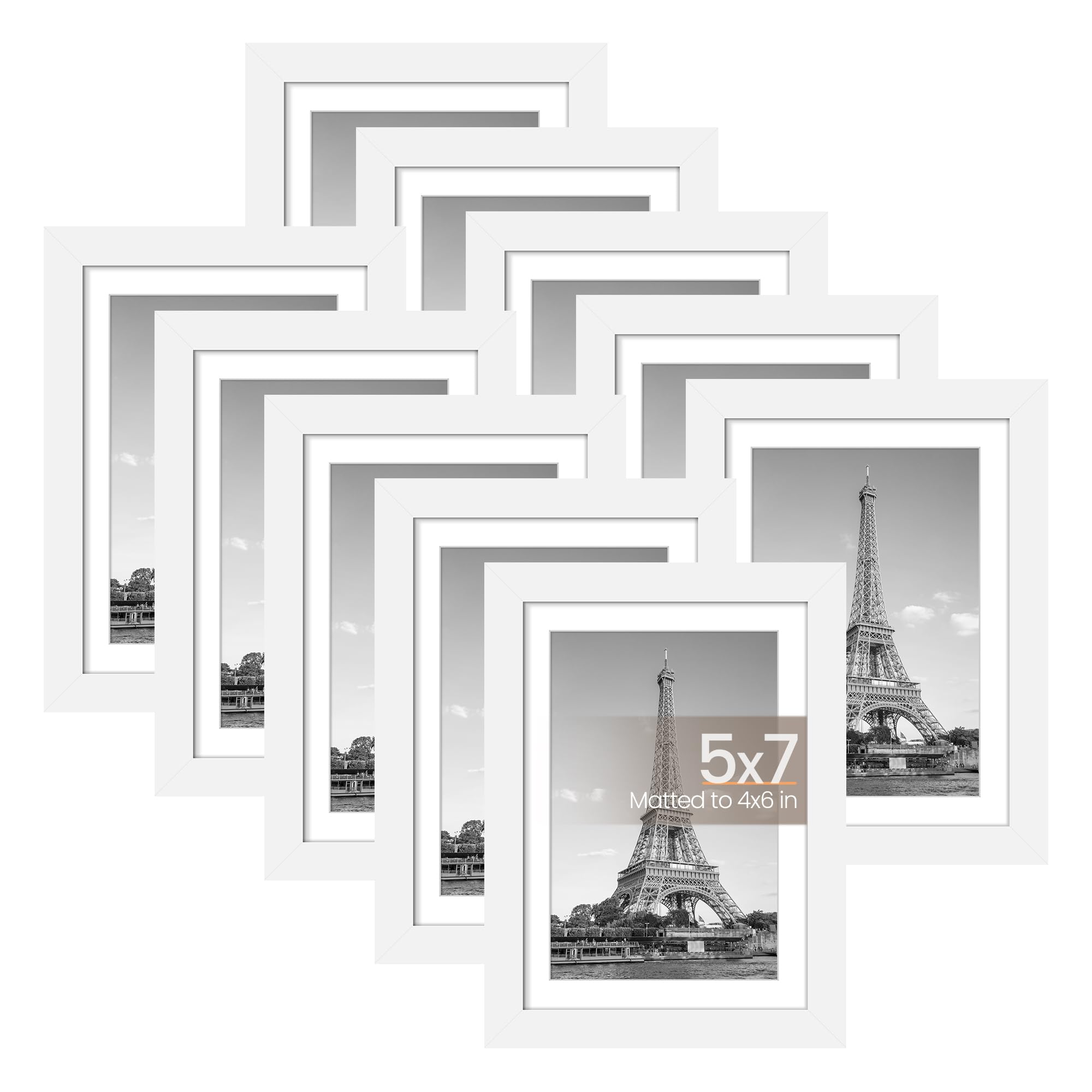 upsimples 5x7 Picture Frame Set of 10, Display Pictures 4x6 with Mat or 5x7 Without, Multi Photo Frames Collage for Wall or Tabletop Display, Black