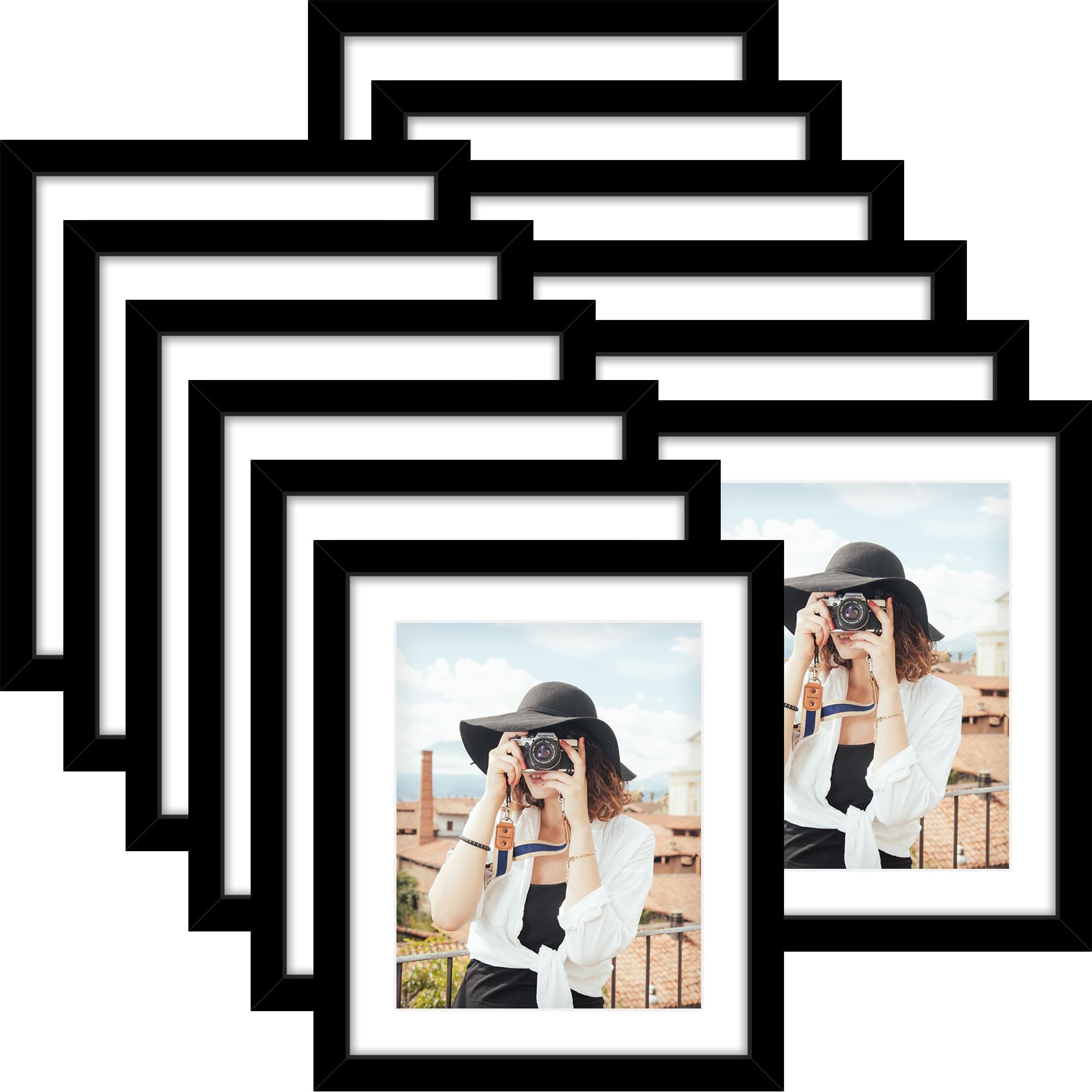 Picrit 8x10 Picture Frame Set of 12, Display 5x7 with Mat or 8x10 without Mat, Photo Frames for Wall Mounting or Table Top Display, Black