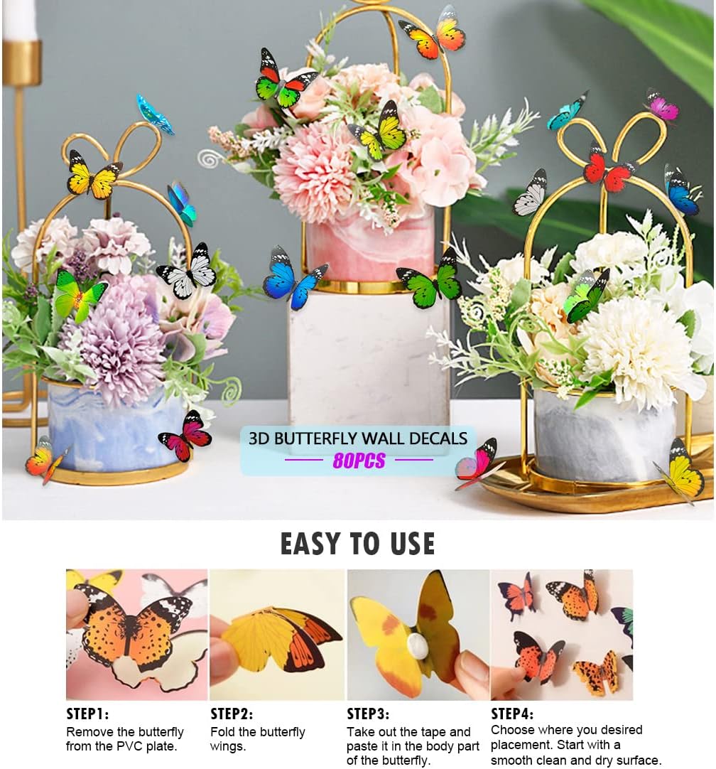 80pcs Butterfly Wall Decor - Plastic Butterflies Wings Foldable Removable Waterproof Reusable Mural Wall Stickers for Home Room Bedroom Party Wedding Christmas Decorations