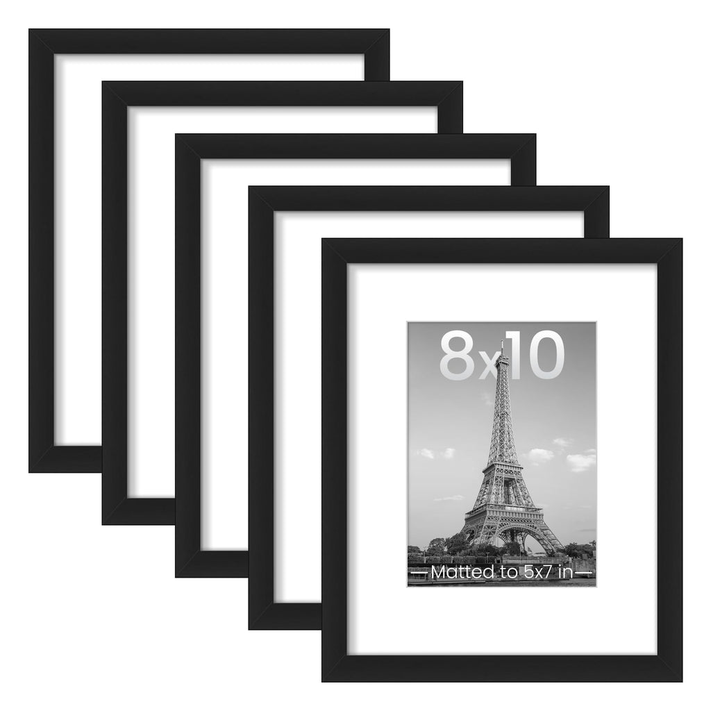 upsimples 8.5x11 Picture Frame Set of 5, Display Pictures 6x8 with Mat or 8.5 by 11 Without, Wall Gallery Photo Frames, Black