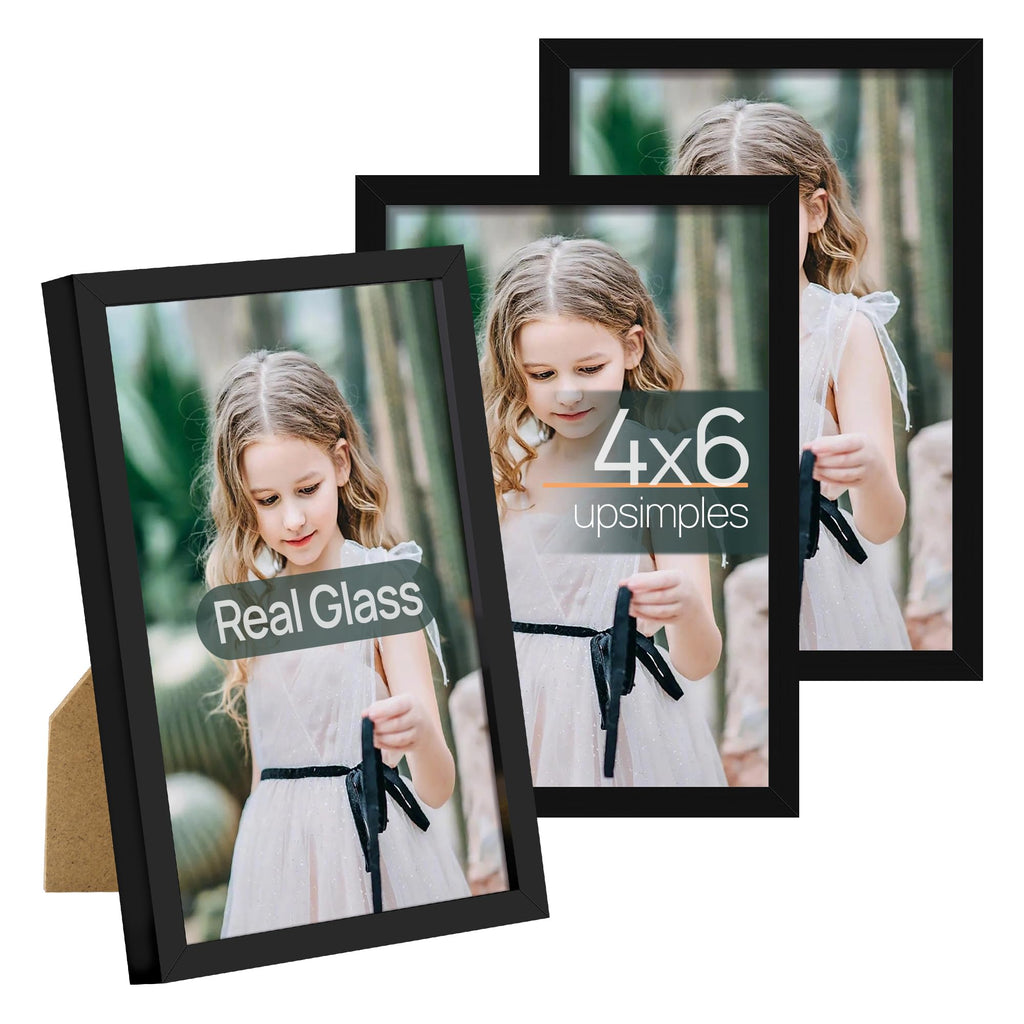 upsimples 5x7 Picture Frame Set of 3, Made of High Definition Glass for 5 x 7 Black Frames, Wall and Tabletop Display Thin Border Photo Frame for Home Décor