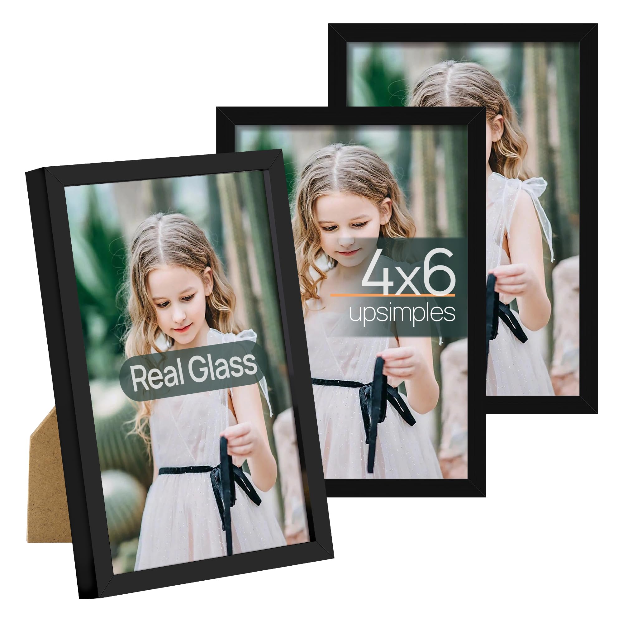 upsimples 5x7 Picture Frame Set of 3, Made of High Definition Glass for 5 x 7 Black Frames, Wall and Tabletop Display Thin Border Photo Frame for Home Décor