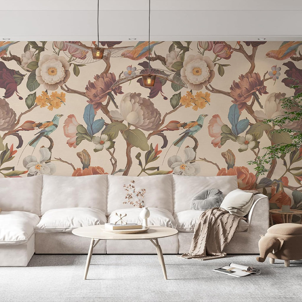 Zeeko Floral Peel and Stick Wallpaper Mural Beige Flower Wallpaper for Bedroom TV Background Large Wall Murals Wall Paintings Art Deco 98" H x 59" W (Covers 40 sq. ft.)