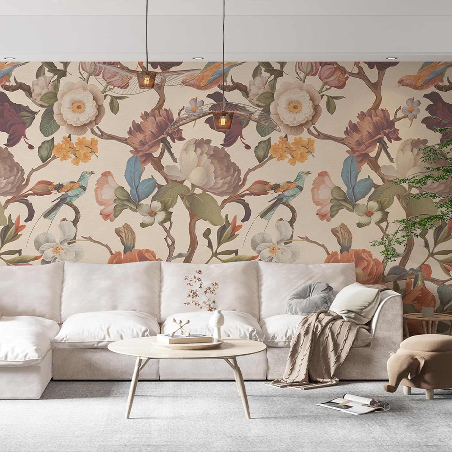 Zeeko Floral Peel and Stick Wallpaper Mural Beige Flower Wallpaper for Bedroom TV Background Large Wall Murals Wall Paintings Art Deco 98" H x 59" W (Covers 40 sq. ft.)
