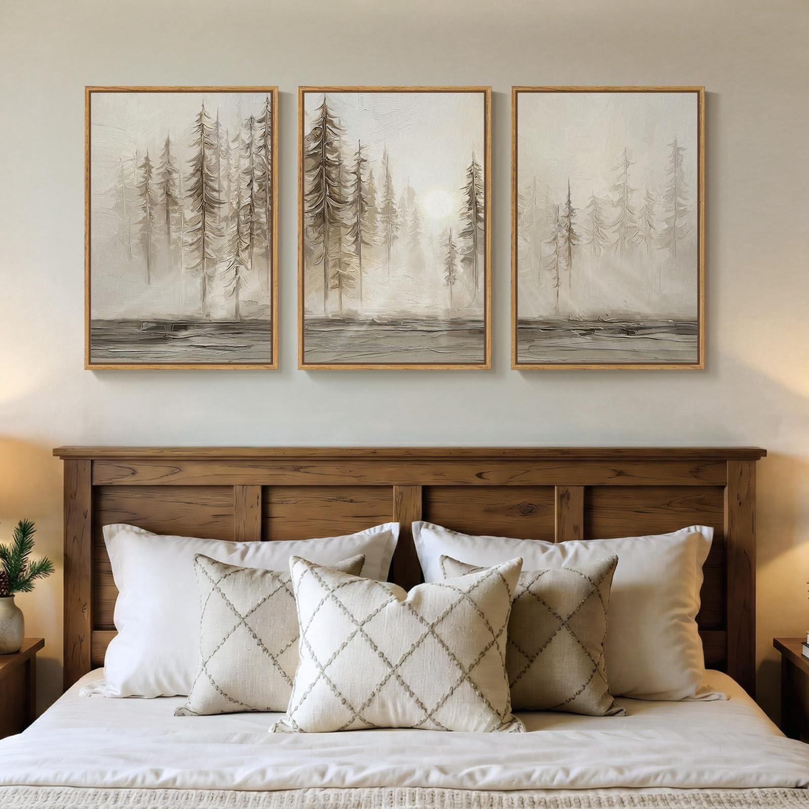 Framed Neutral Wall Art for Living Room, Large 3 Piece Abstract Pastel Grunge Forest Landscape Tree Canvas Artwork Set, Modern Art Decorative Nordic Painting Picture Prints for Hallway Office 24x36 In