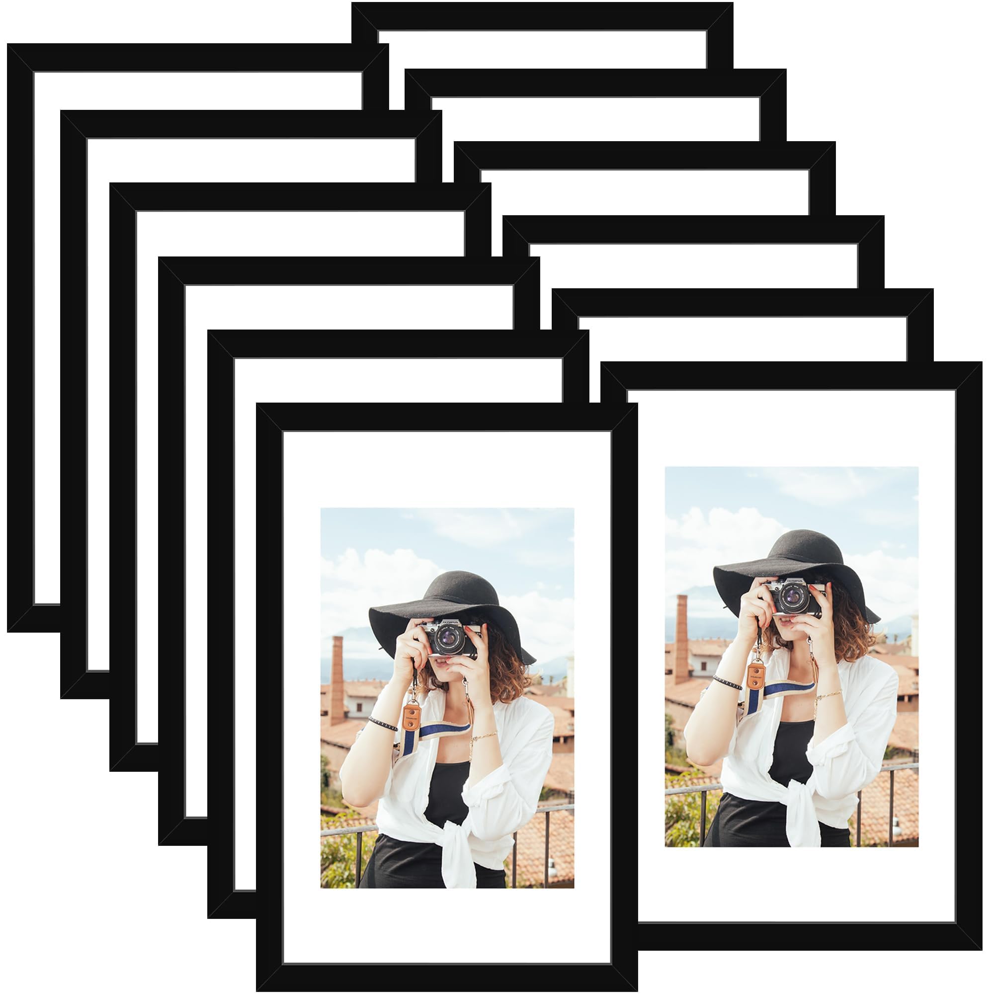 Picrit 8x10 Picture Frame Set of 12, Display 5x7 with Mat or 8x10 without Mat, Photo Frames for Wall Mounting or Table Top Display, Black