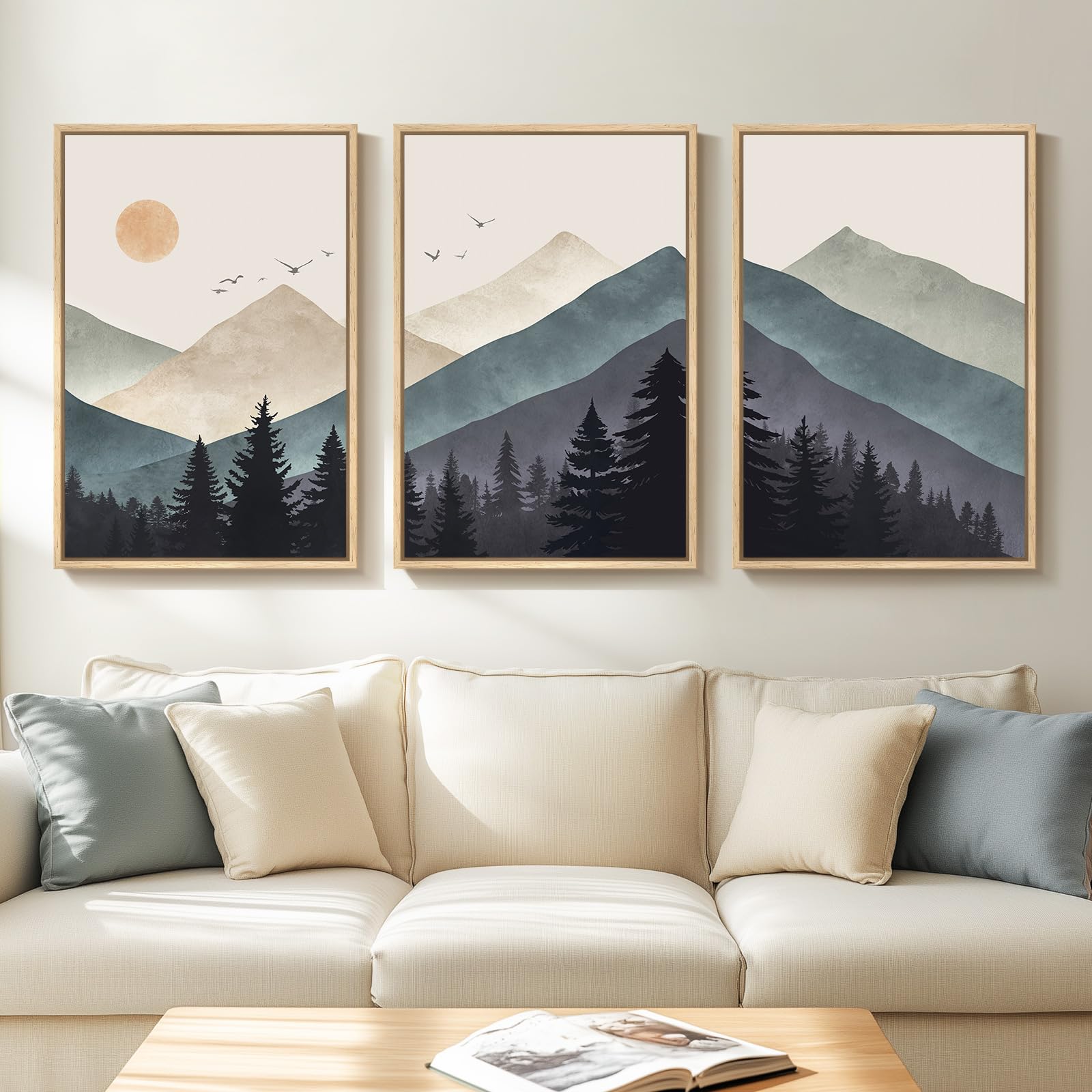 Framed Neutral Wall Art for Living Room, Large 3 Piece Abstract Pastel Grunge Forest Landscape Tree Canvas Artwork Set, Modern Art Decorative Nordic Painting Picture Prints for Hallway Office 24x36 In