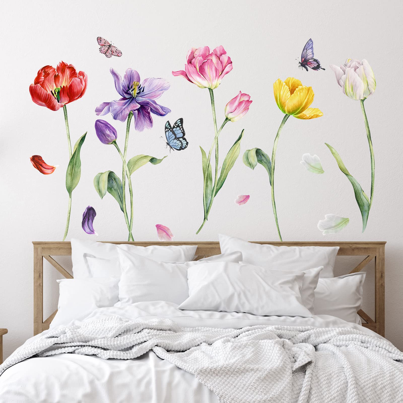 Zonon 6 Pcs Flowers Wall Decals Stickers Vinyl Removable Peel and Stick Colorful Dragonflies Floral Wall Murals Decor for Bedroom Living Room Nursery(Beautiful)