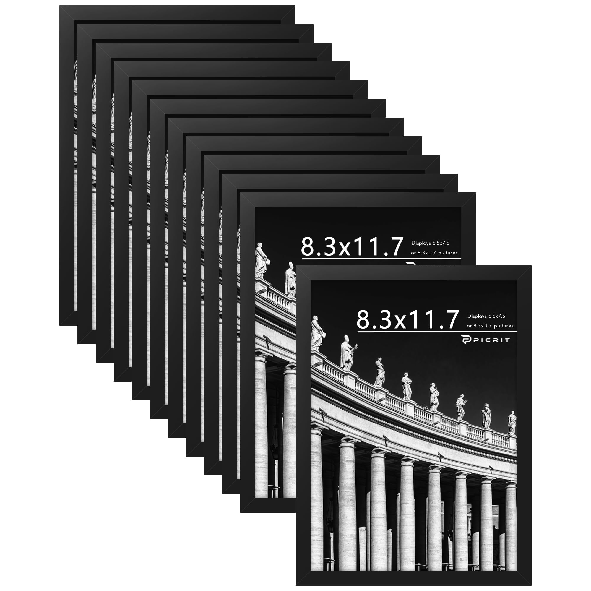 Picrit 8x10 Picture Frame Set of 12, Display 5x7 with Mat or 8x10 without Mat, Photo Frames for Wall Mounting or Table Top Display, Black