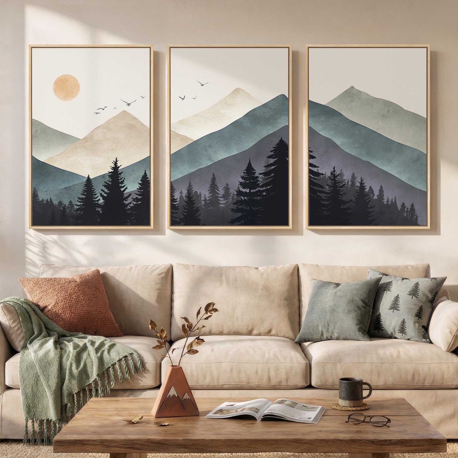 Framed Neutral Wall Art for Living Room, Large 3 Piece Abstract Pastel Grunge Forest Landscape Tree Canvas Artwork Set, Modern Art Decorative Nordic Painting Picture Prints for Hallway Office 24x36 In