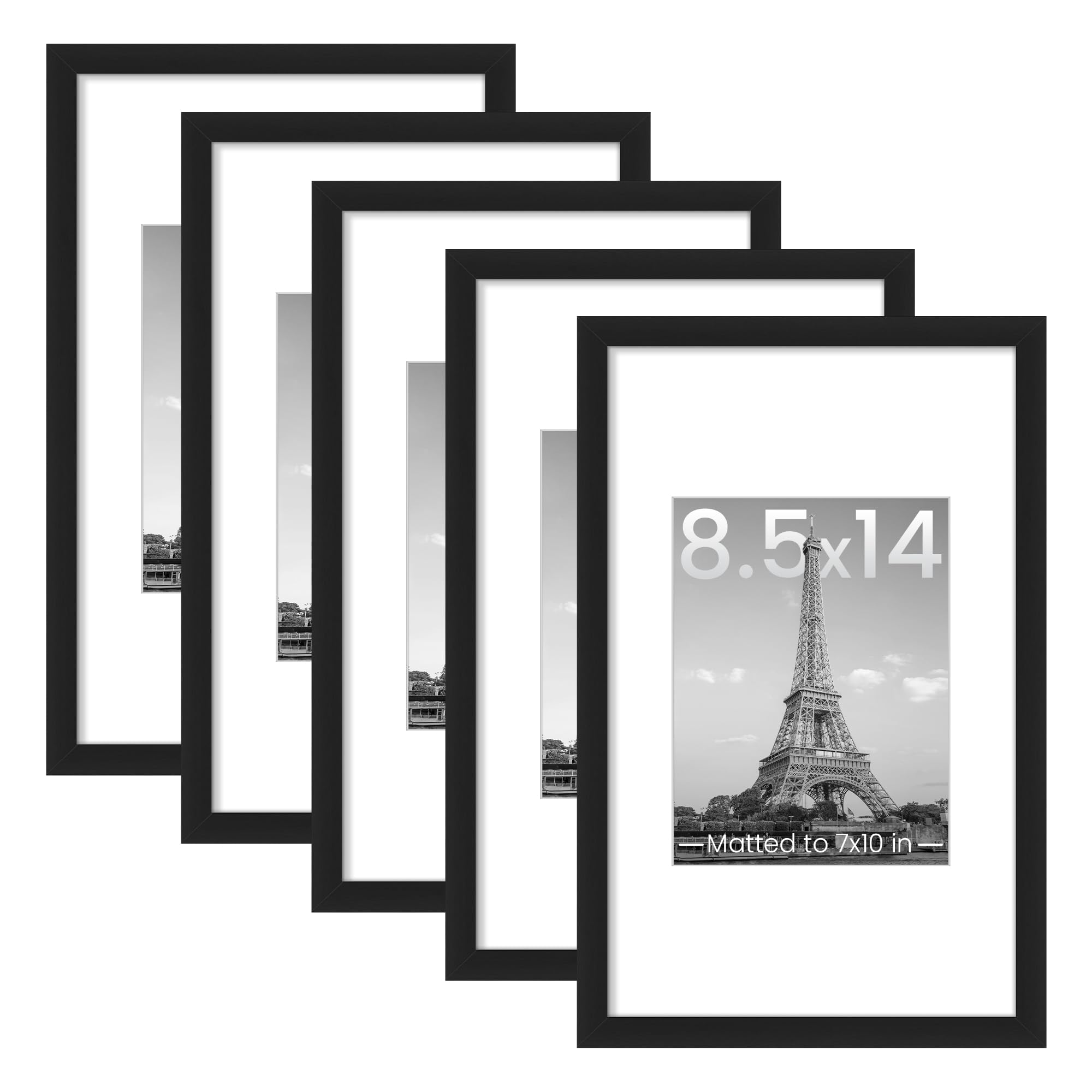 upsimples 8.5x11 Picture Frame Set of 5, Display Pictures 6x8 with Mat or 8.5 by 11 Without, Wall Gallery Photo Frames, Black
