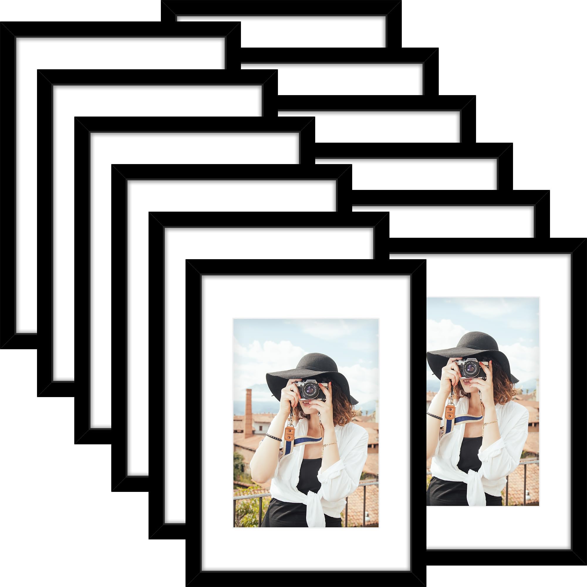 Picrit 8x10 Picture Frame Set of 12, Display 5x7 with Mat or 8x10 without Mat, Photo Frames for Wall Mounting or Table Top Display, Black