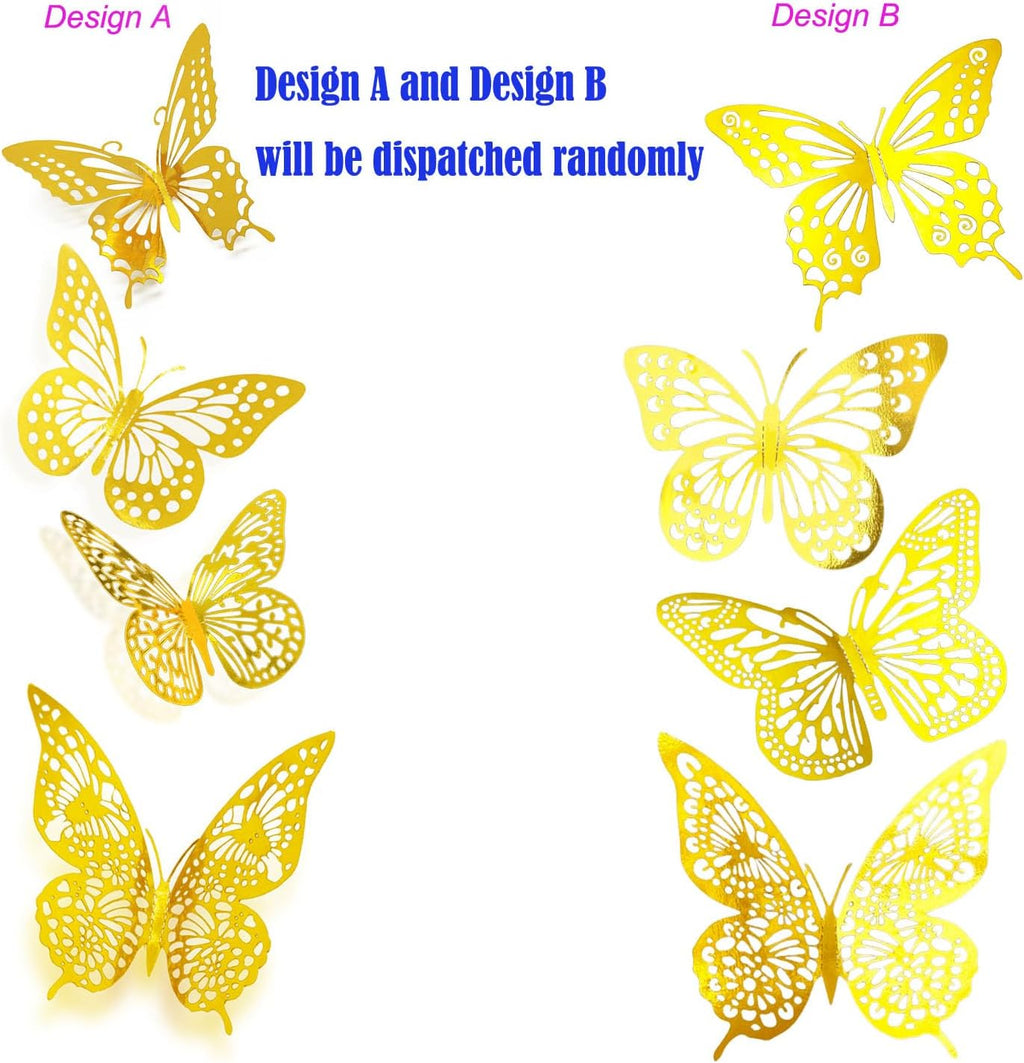 JOSDIOX 3D Butterfly Wall Decor Sticker -48 Pcs, 4 Styles, 3 Sizes Gold Butterflies Decoration for Party, Birthday & Wedding Celebrations, Cake Decorating, Balloons, Removable Stickers.