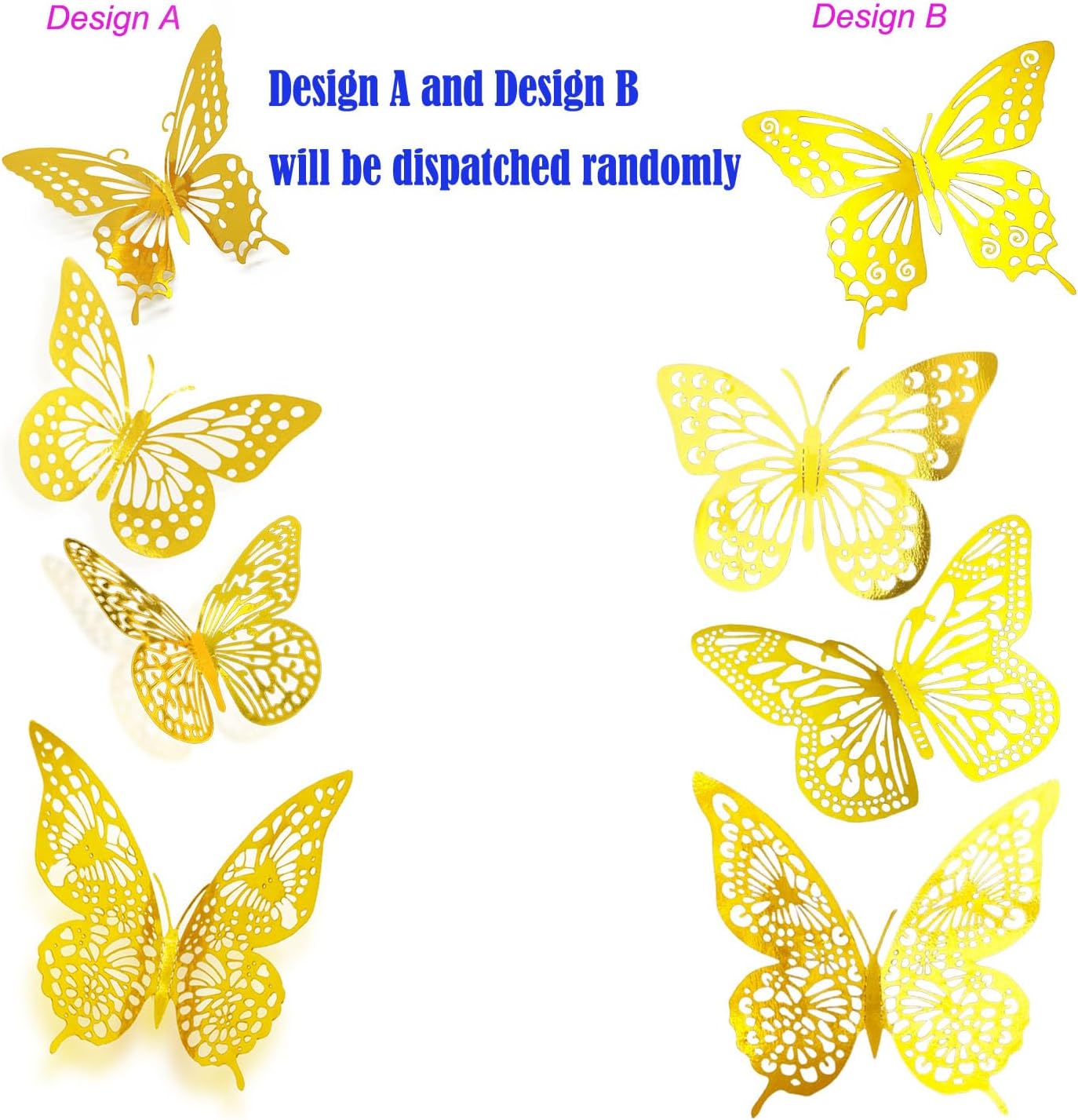 JOSDIOX 3D Butterfly Wall Decor Sticker -48 Pcs, 4 Styles, 3 Sizes Gold Butterflies Decoration for Party, Birthday & Wedding Celebrations, Cake Decorating, Balloons, Removable Stickers.