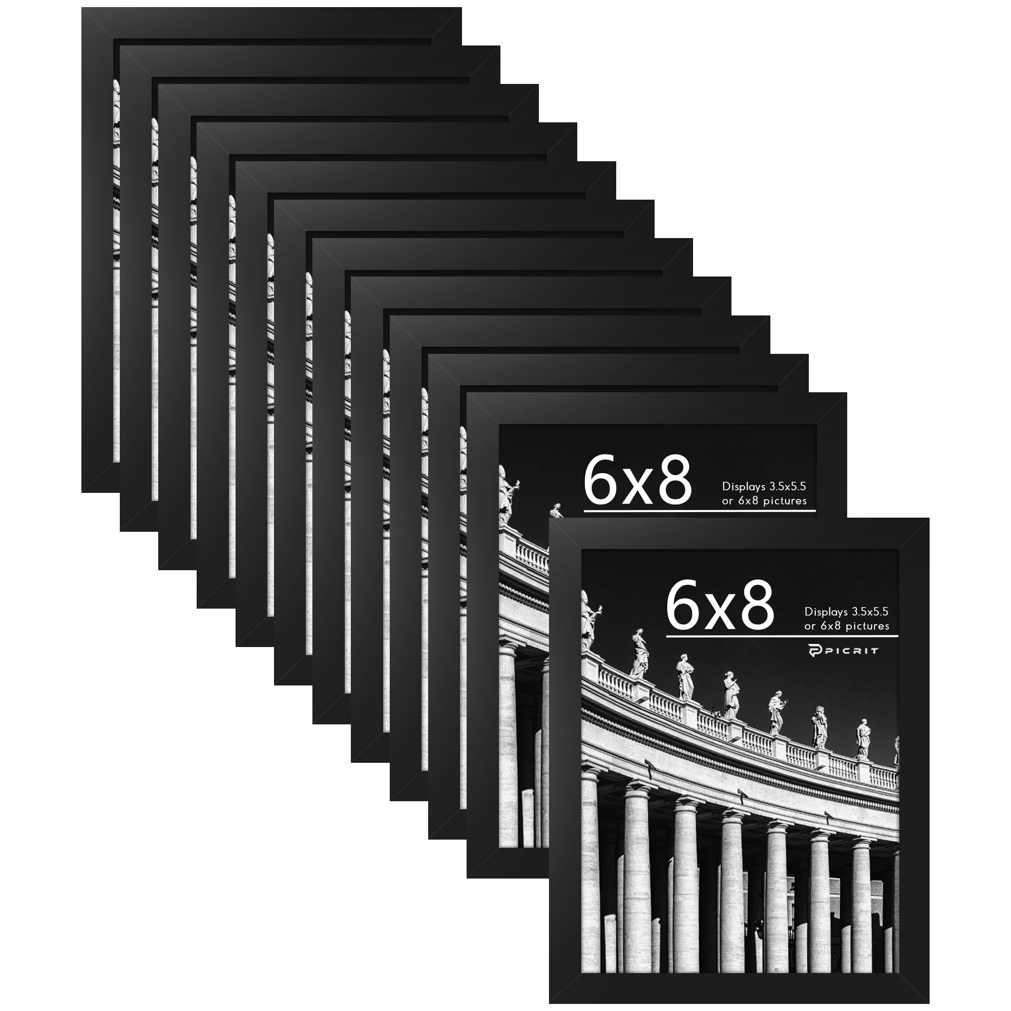 Picrit 8x10 Picture Frame Set of 12, Display 5x7 with Mat or 8x10 without Mat, Photo Frames for Wall Mounting or Table Top Display, Black
