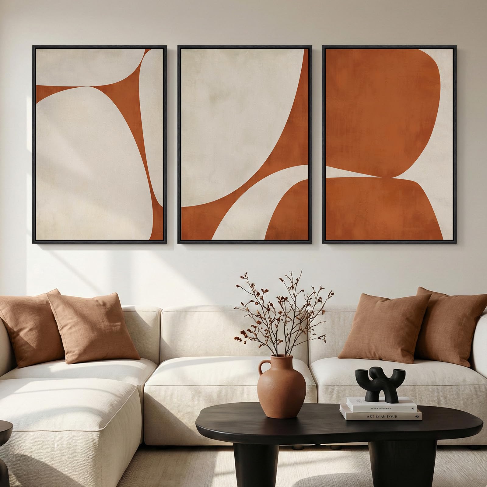 Large Framed Neutral Abstract Wall Art for Living Room, 3 Piece Modern Canvas Prints Paintings Artwork for Walls, Black and Beige Pictures for Living Room Hallway Stair Office Wall Decor 24x36 Inch
