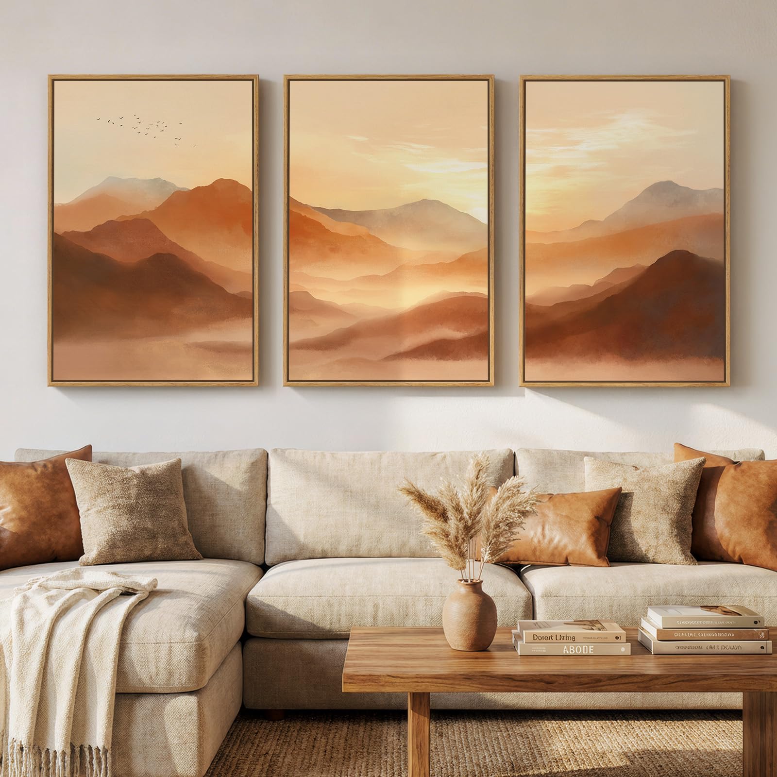 Framed Neutral Wall Art for Living Room, Large 3 Piece Abstract Pastel Grunge Forest Landscape Tree Canvas Artwork Set, Modern Art Decorative Nordic Painting Picture Prints for Hallway Office 24x36 In