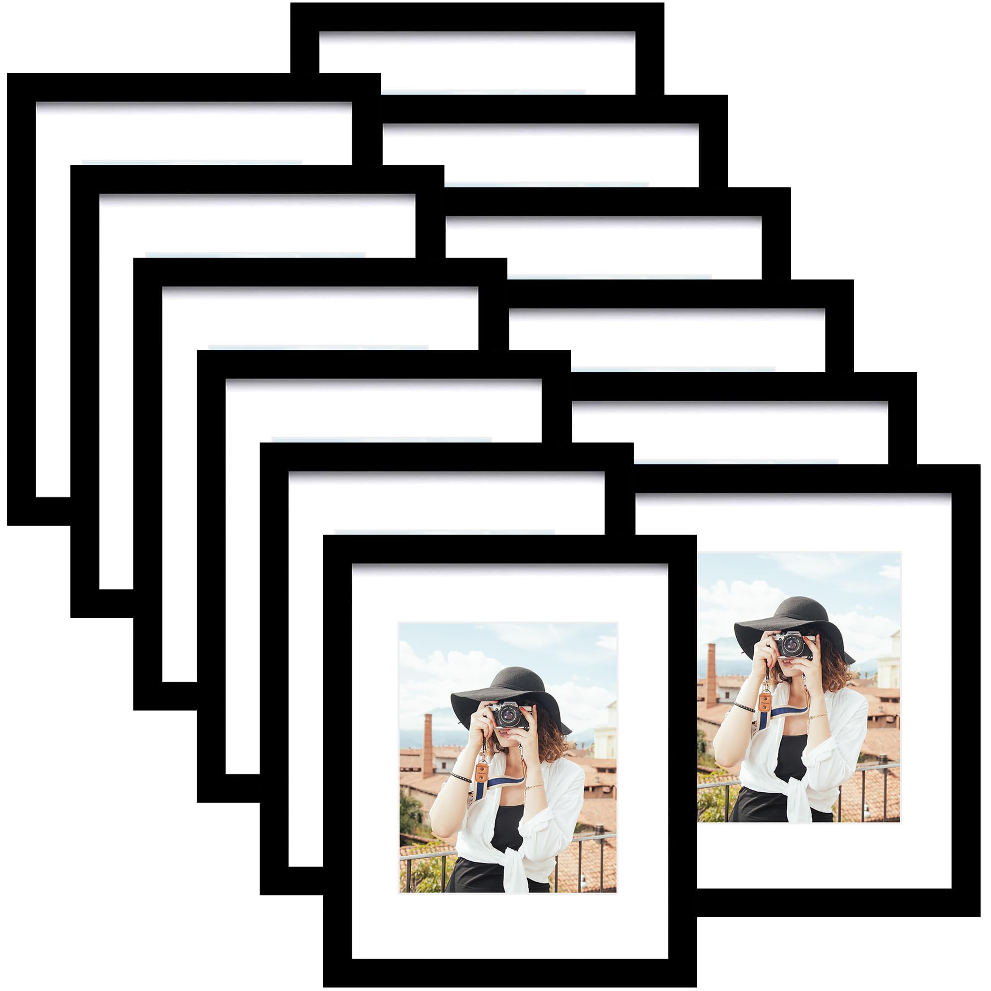 Picrit 8x10 Picture Frame Set of 12, Display 5x7 with Mat or 8x10 without Mat, Photo Frames for Wall Mounting or Table Top Display, Black