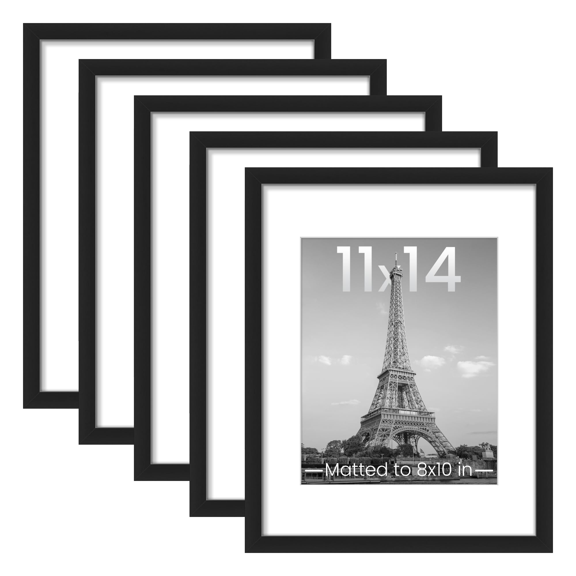 upsimples 8.5x11 Picture Frame Set of 5, Display Pictures 6x8 with Mat or 8.5 by 11 Without, Wall Gallery Photo Frames, Black