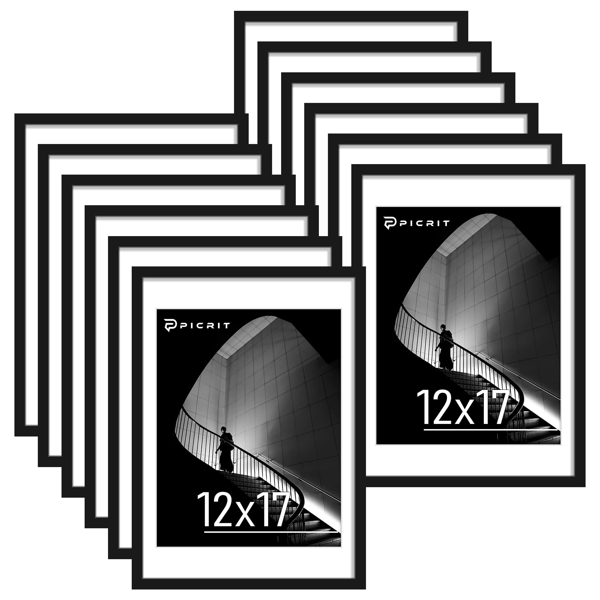Picrit 8x10 Picture Frame Set of 12, Display 5x7 with Mat or 8x10 without Mat, Photo Frames for Wall Mounting or Table Top Display, Black