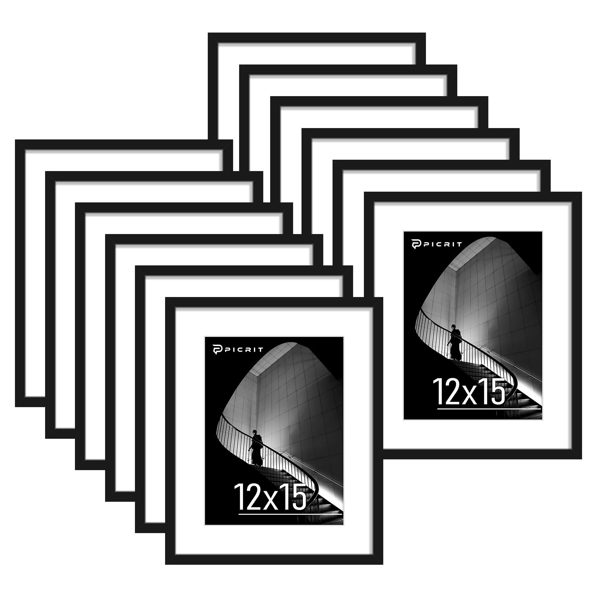 Picrit 8x10 Picture Frame Set of 12, Display 5x7 with Mat or 8x10 without Mat, Photo Frames for Wall Mounting or Table Top Display, Black