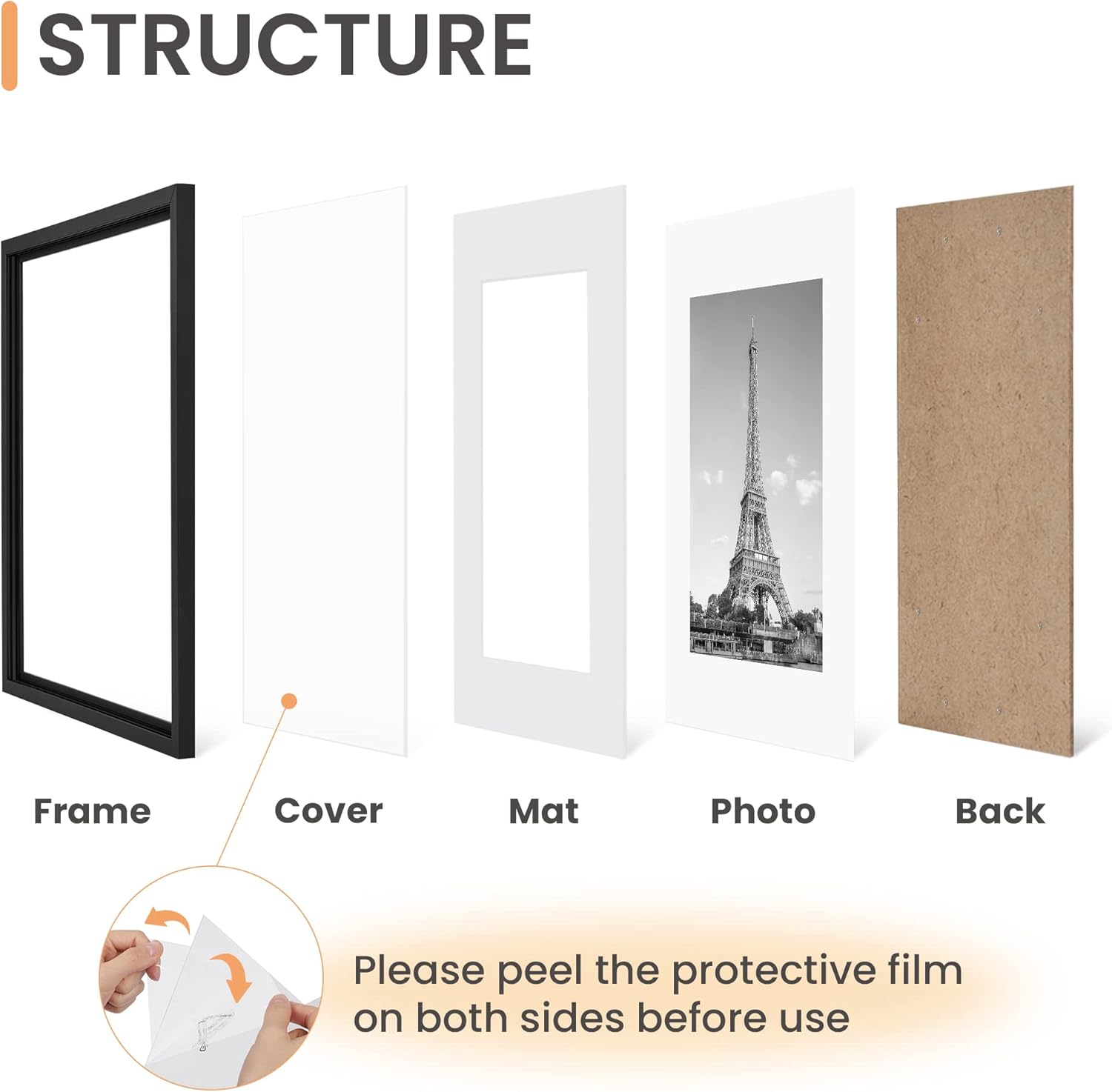 upsimples 8.5x11 Picture Frame Set of 5, Display Pictures 6x8 with Mat or 8.5 by 11 Without, Wall Gallery Photo Frames, Black