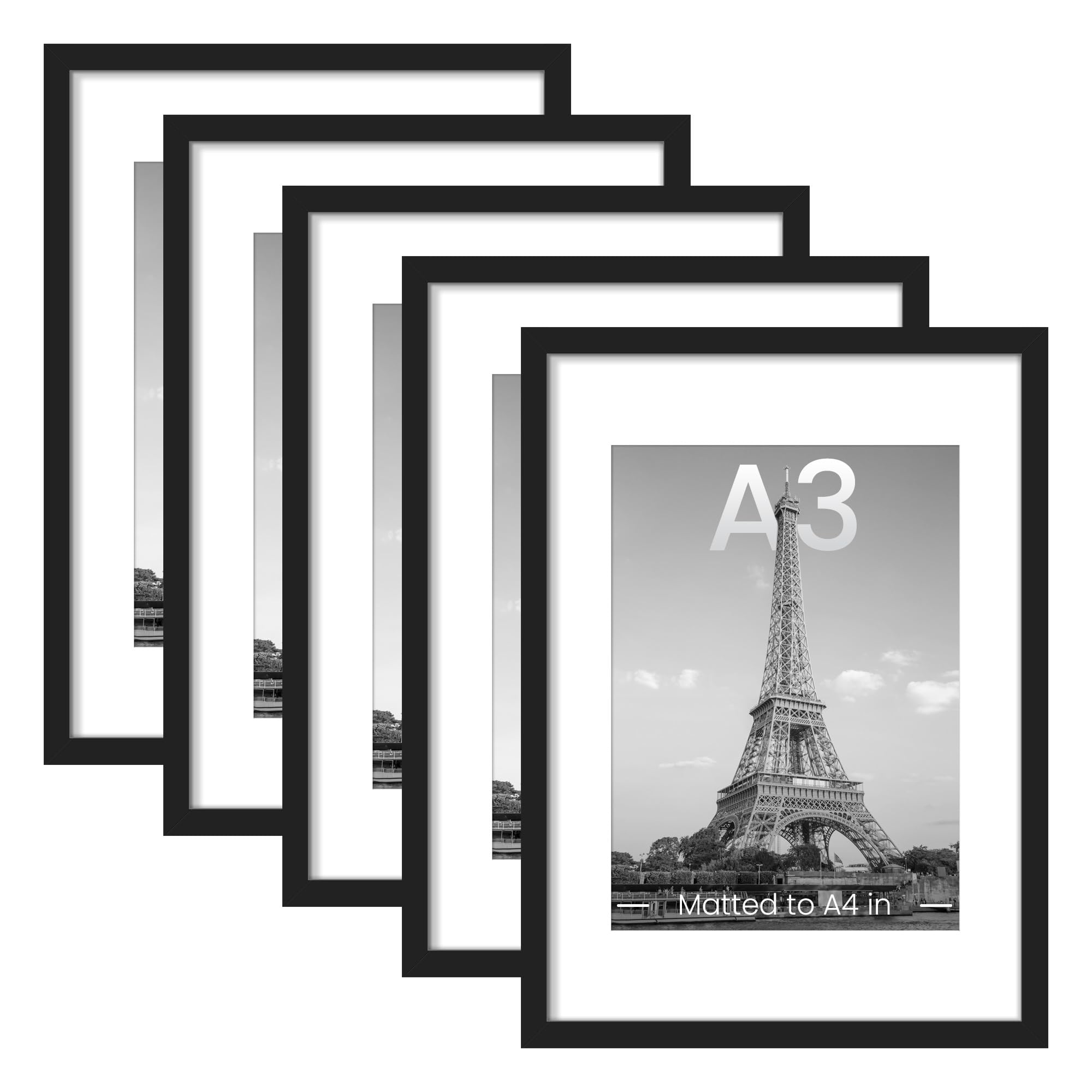 upsimples 8.5x11 Picture Frame Set of 5, Display Pictures 6x8 with Mat or 8.5 by 11 Without, Wall Gallery Photo Frames, Black