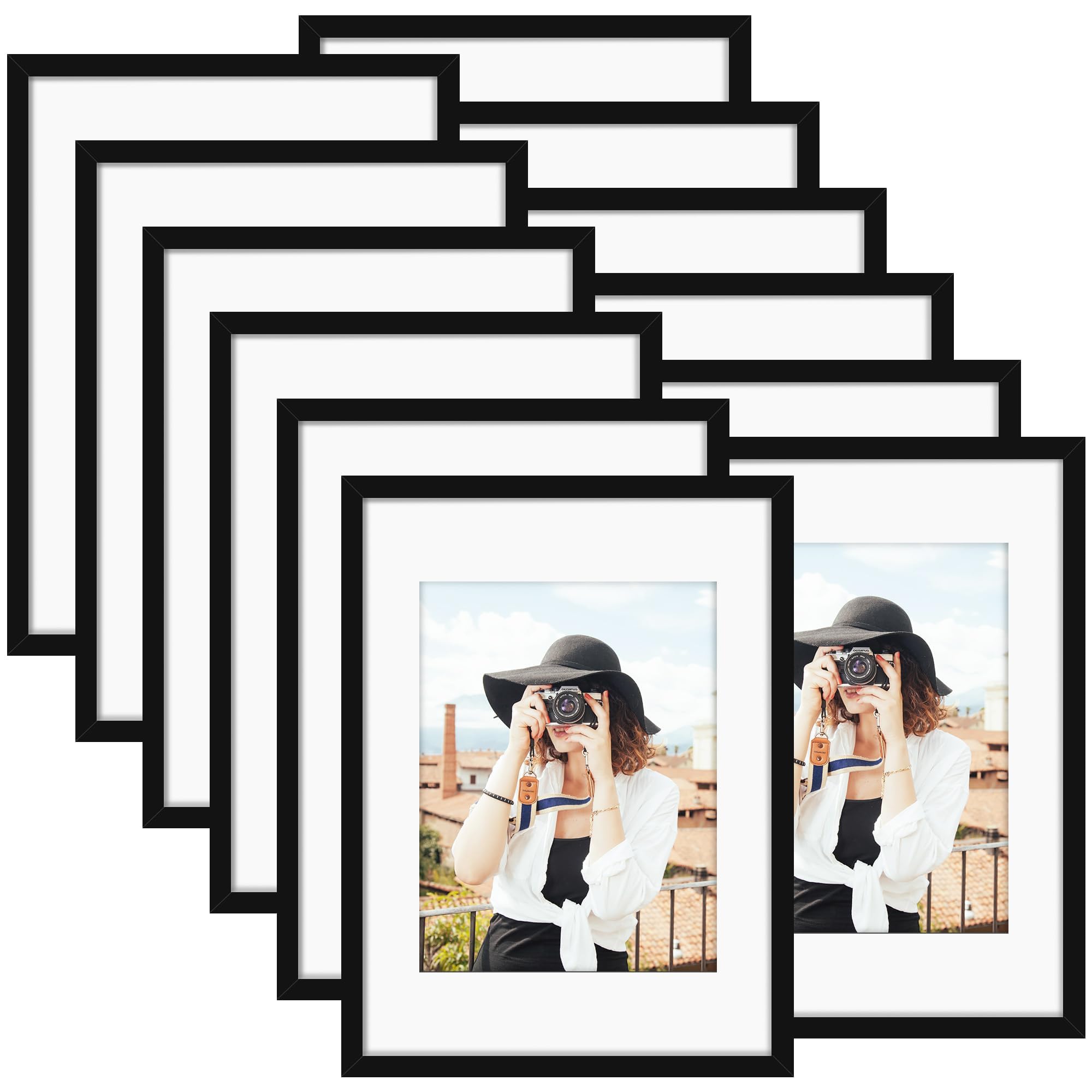 Picrit 8x10 Picture Frame Set of 12, Display 5x7 with Mat or 8x10 without Mat, Photo Frames for Wall Mounting or Table Top Display, Black