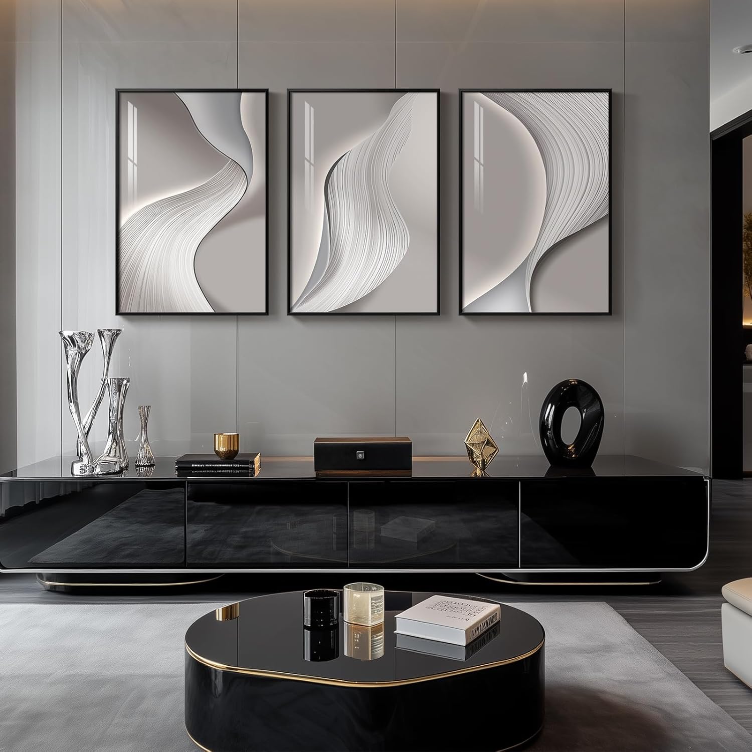 Large Framed Modern Abstract Wall Art for Living Room, Minimalist Bright Style Prints Wall Paintings Artwork for Walls, Silver Gray Contemporary Luxury Pictures for Hallway, Office Wall Decor 24x36 In