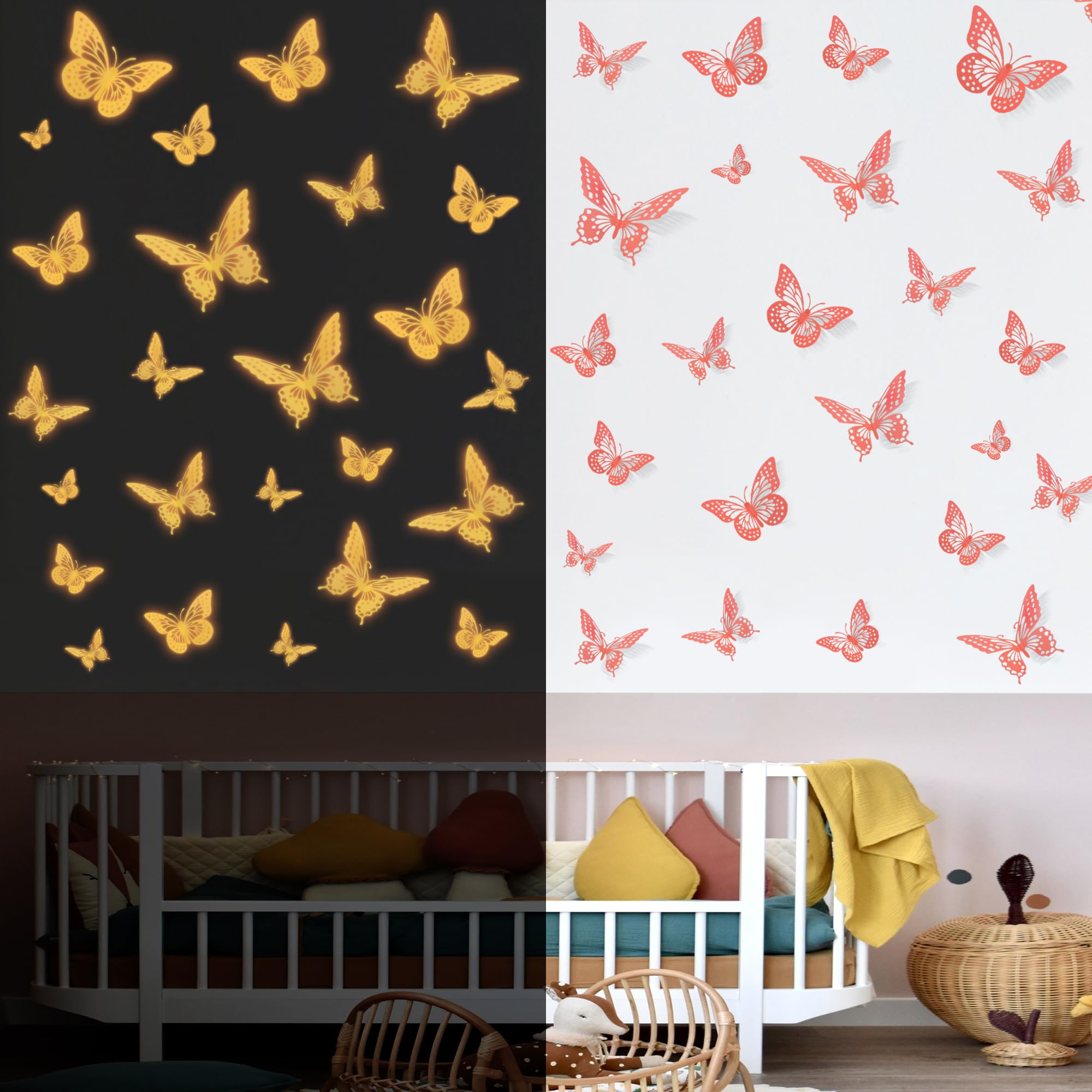SAOROPEB 3D Butterfly Wall Decor, 48 Pcs 4 Styles 2 Color 3 Sizes, Removable Metallic Wall Sticker Room Mural Decals for Kids Bedroom Nursery Classroom Party Decoration (2 Color)