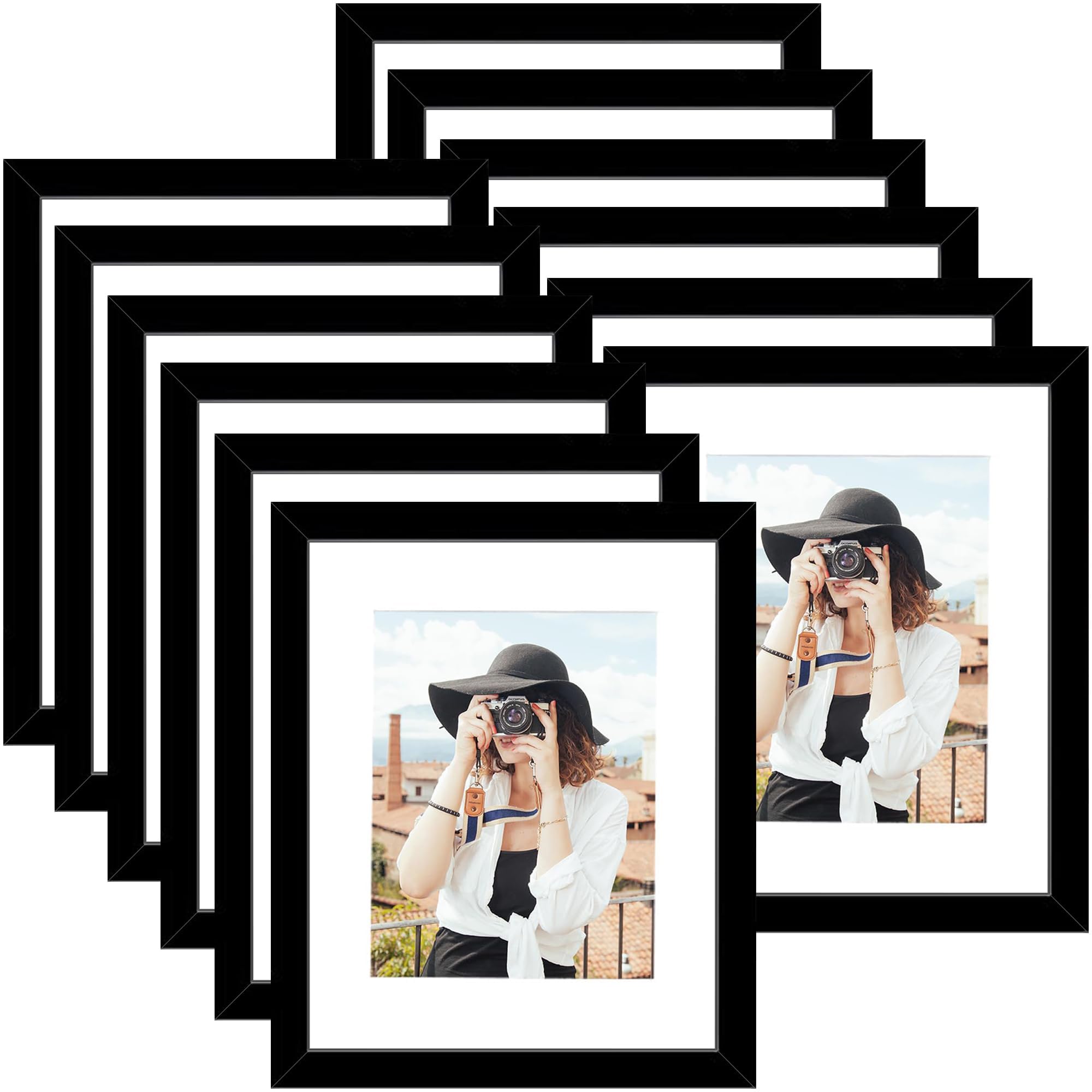 Picrit 8x10 Picture Frame Set of 12, Display 5x7 with Mat or 8x10 without Mat, Photo Frames for Wall Mounting or Table Top Display, Black