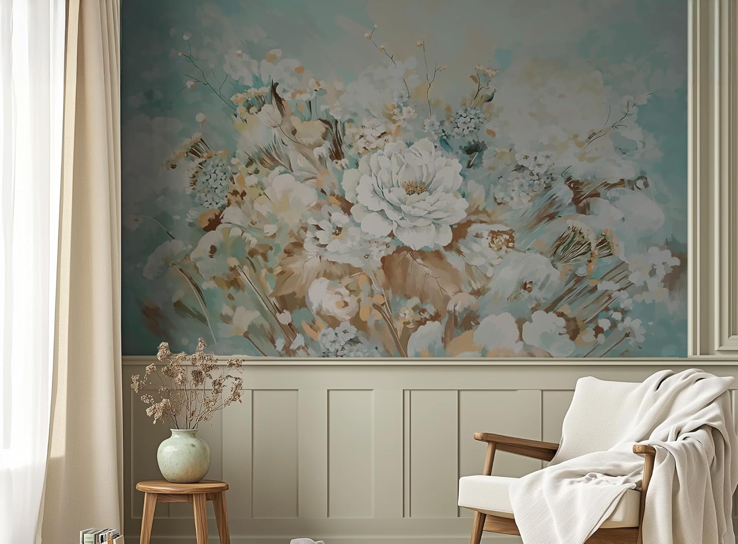 Vintage Floral Wall Mural – Large White Peony Bloom on Blue Background, Removable Peel and Stick Wallpaper for Dining Room, Living Room, or Bedroom Decor