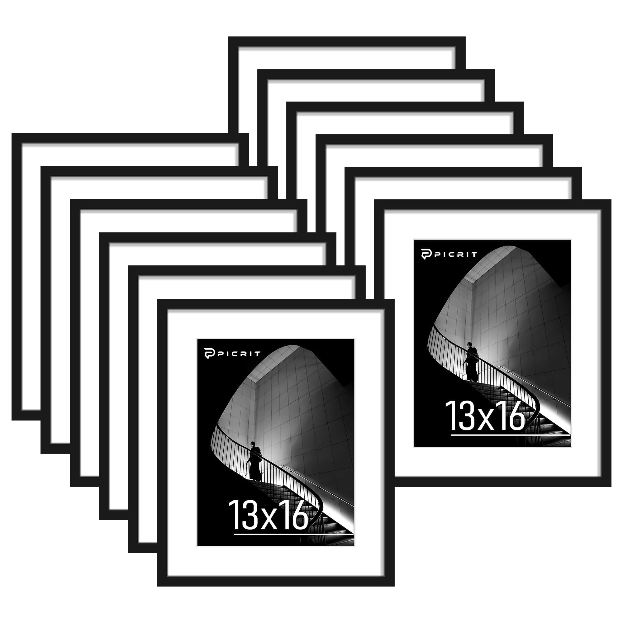 Picrit 8x10 Picture Frame Set of 12, Display 5x7 with Mat or 8x10 without Mat, Photo Frames for Wall Mounting or Table Top Display, Black