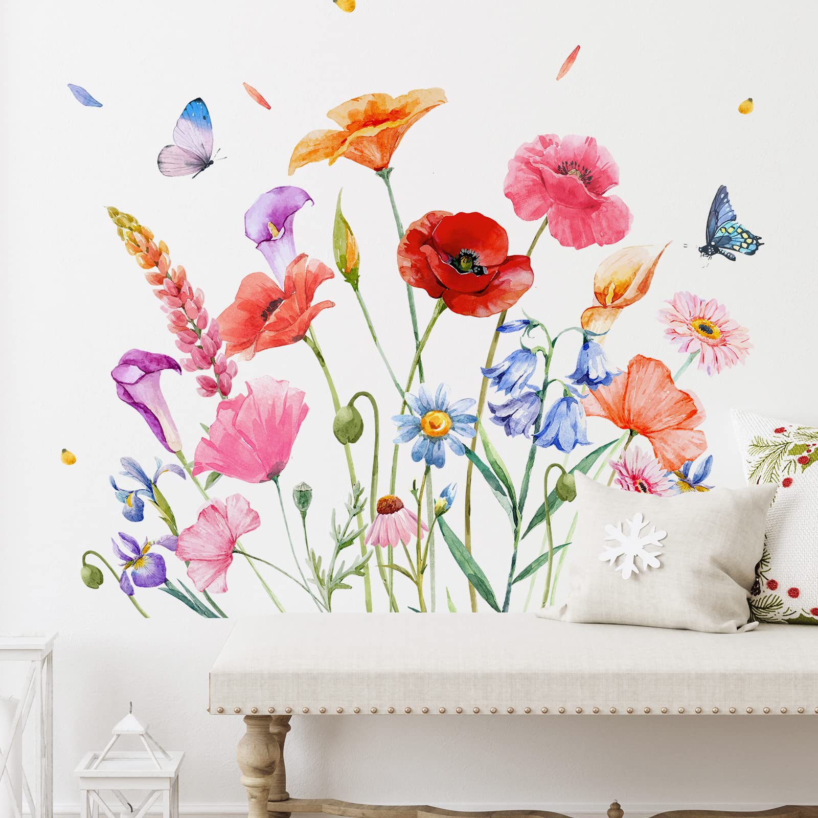 Zonon 6 Pcs Flowers Wall Decals Stickers Vinyl Removable Peel and Stick Colorful Dragonflies Floral Wall Murals Decor for Bedroom Living Room Nursery(Beautiful)