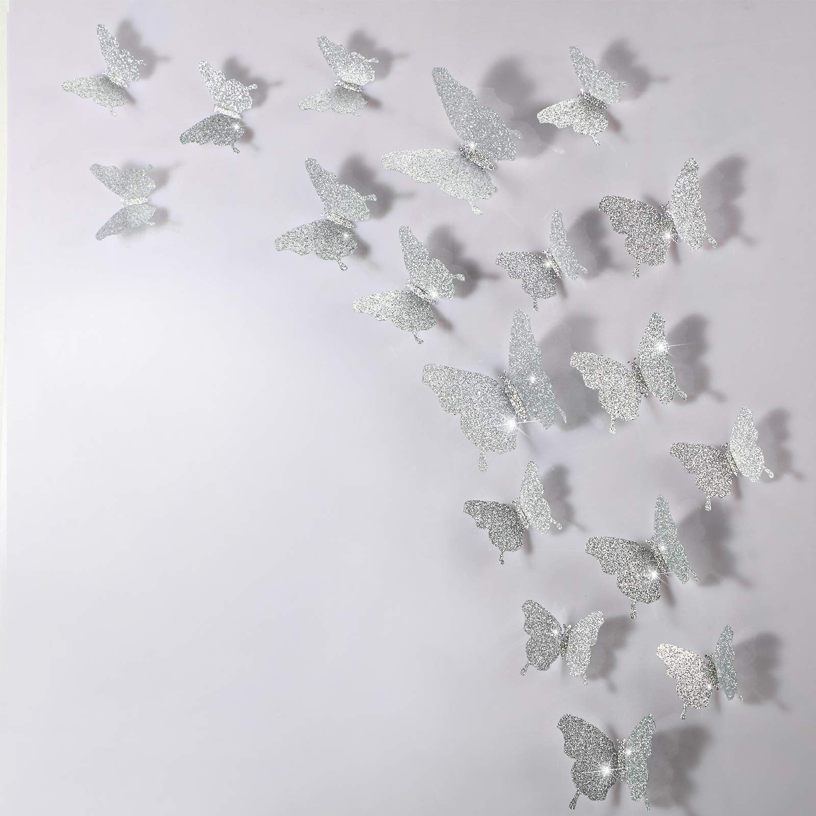 BBTO 48 Pieces Butterfly Wall Decor DIY 3D Mirror Butterfly Stickers Removable Decals Crafts for Birthday Party Bedroom School Bathroom Living Room Decor（Sliver）