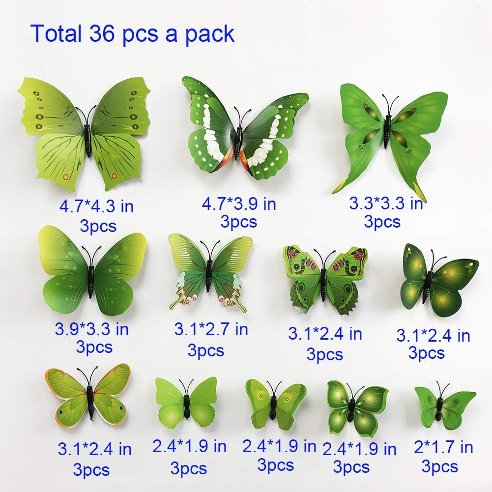 36pcs 3D Colorful Butterfly Wall Stickers DIY Art Decor Crafts for Party Nursery Classroom Offices Kids Girl Boy Baby Bedroom Bathroom Living Room Magnets and Glue Sticker Set1(Green-Single Wing)